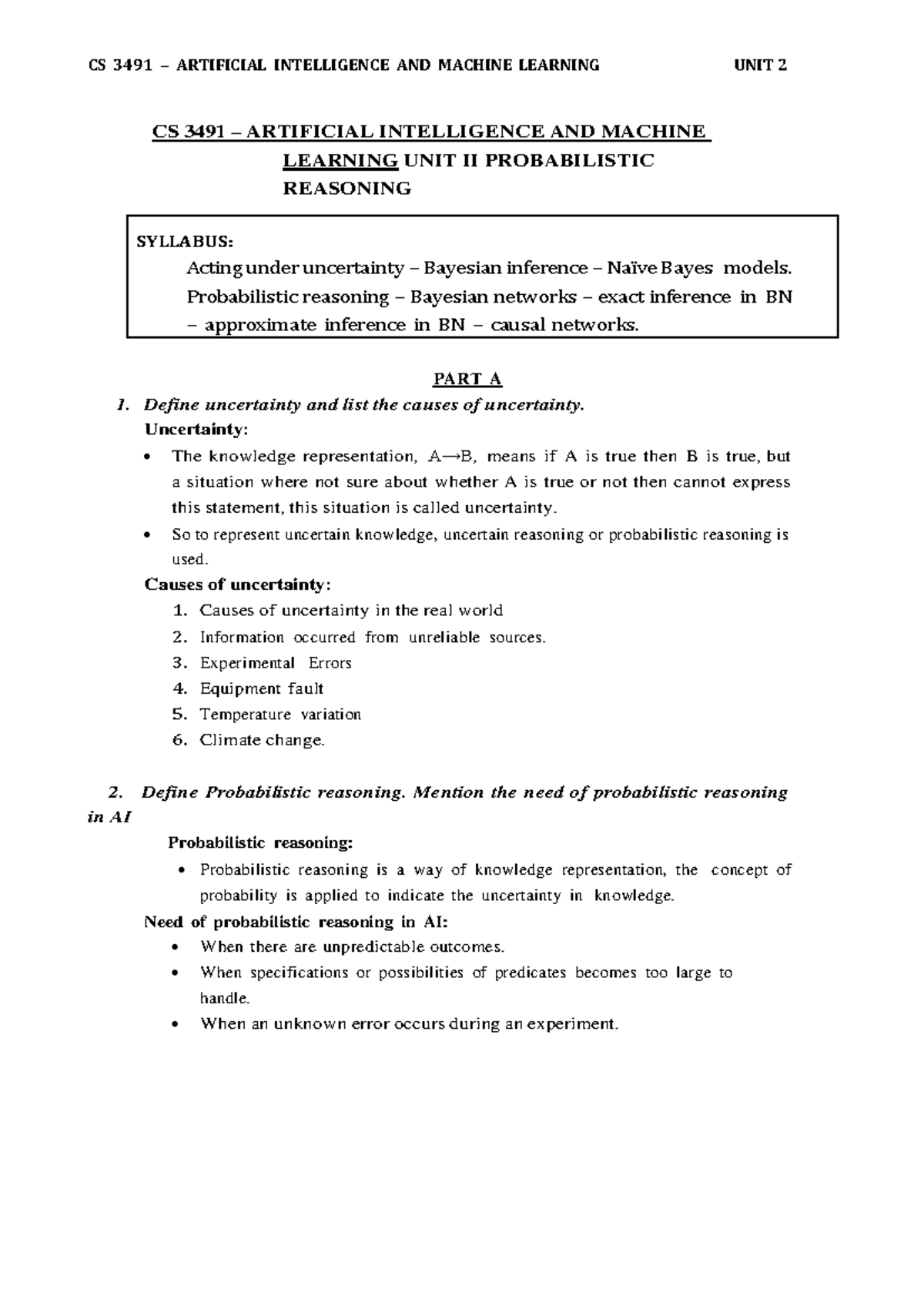 CS 3491 AI & ML Unit II: Probabilistic Reasoning Overview - Studocu