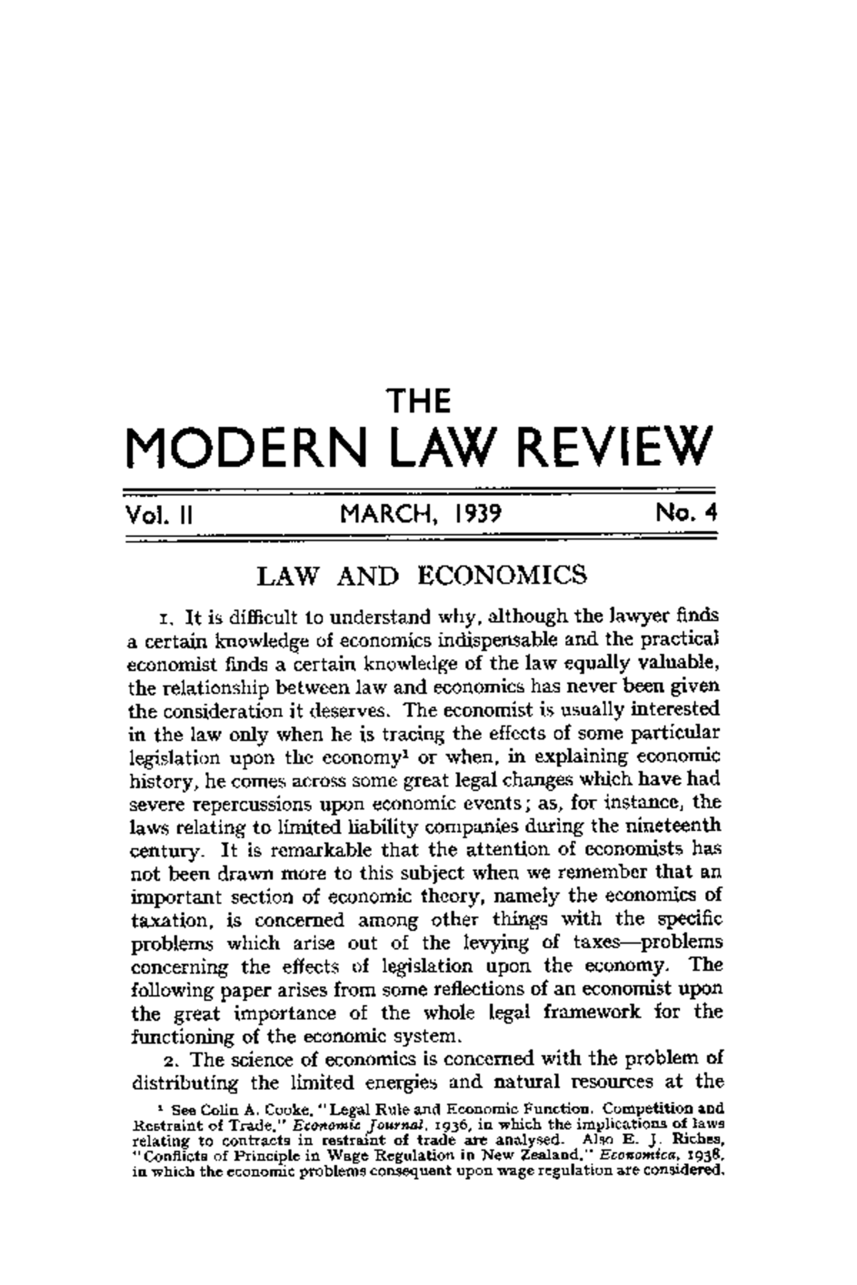 Modern Law Review Vol. II - March 1939: Law and Economics Analysis ...