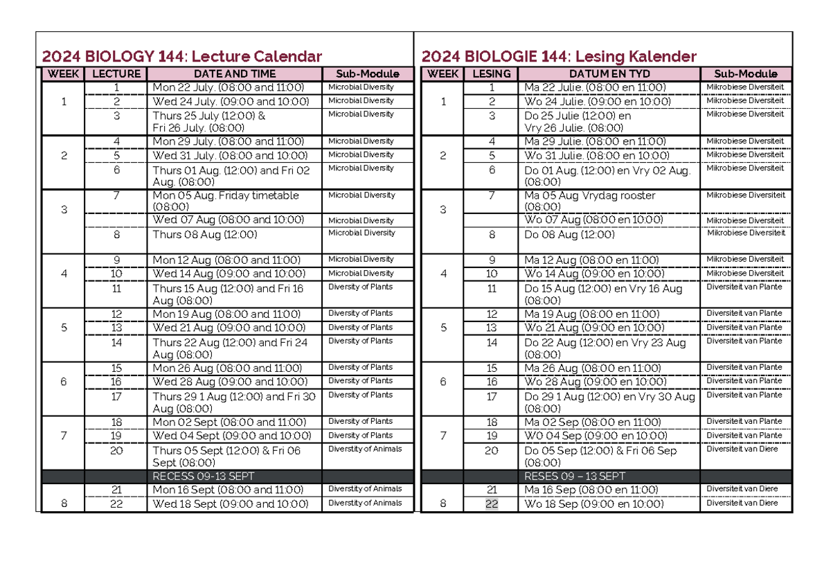 2024 BIOLOGY 144: Lecture & Reading Schedule - Studocu