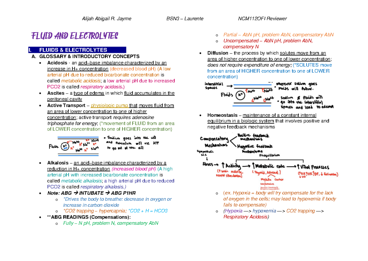 NCM112OFI Reviewer: Endterm Study on Fluid and Electrolytes - Studocu