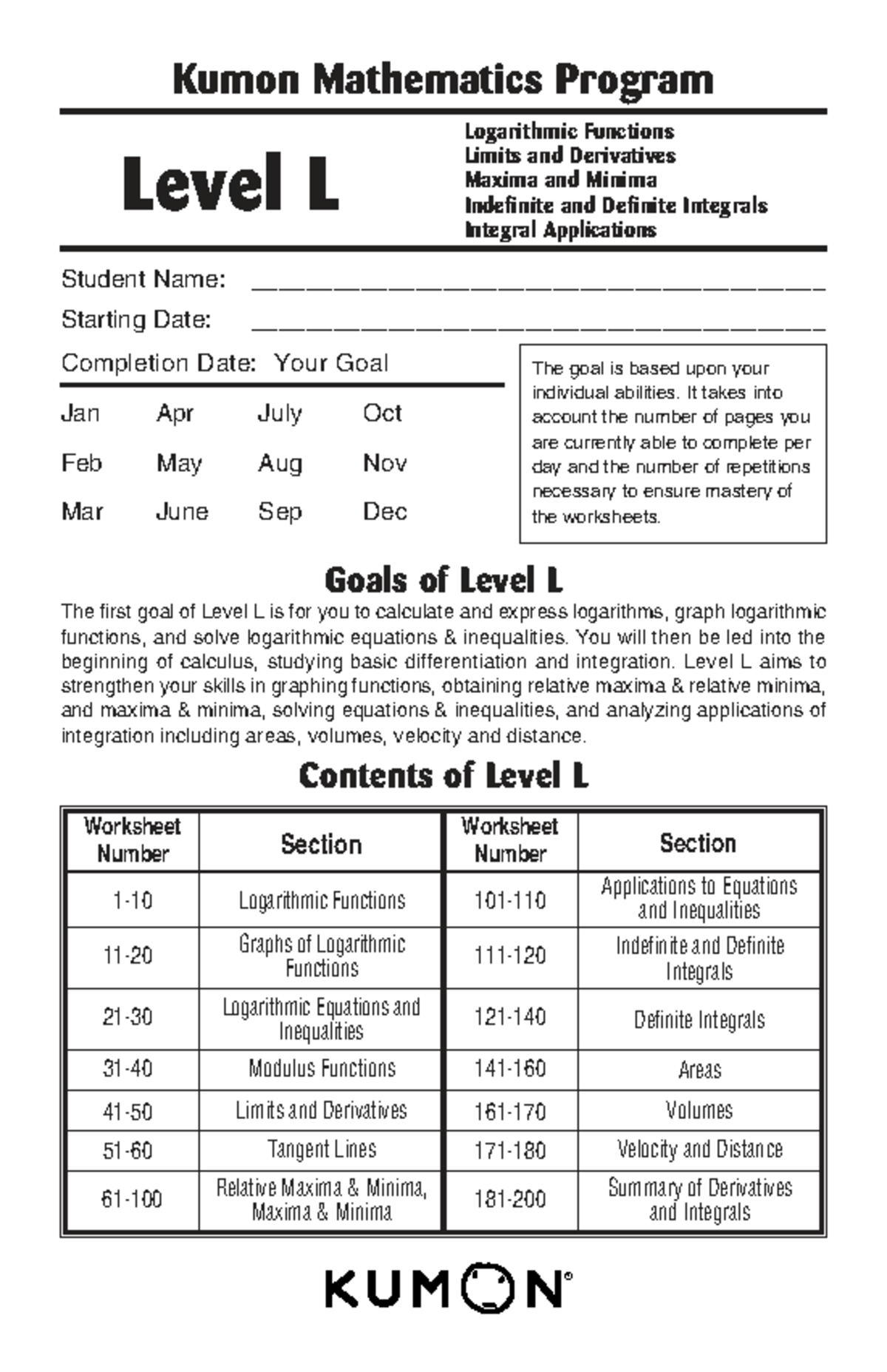 Kumon Math Program Level L: Logarithmic Functions & Calculus