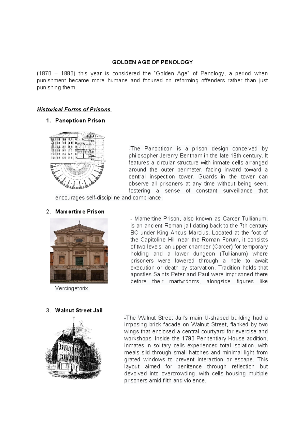 GOLDEN AGE OF PENOLOGY (1870-1880): Historical Prison Designs - Studocu