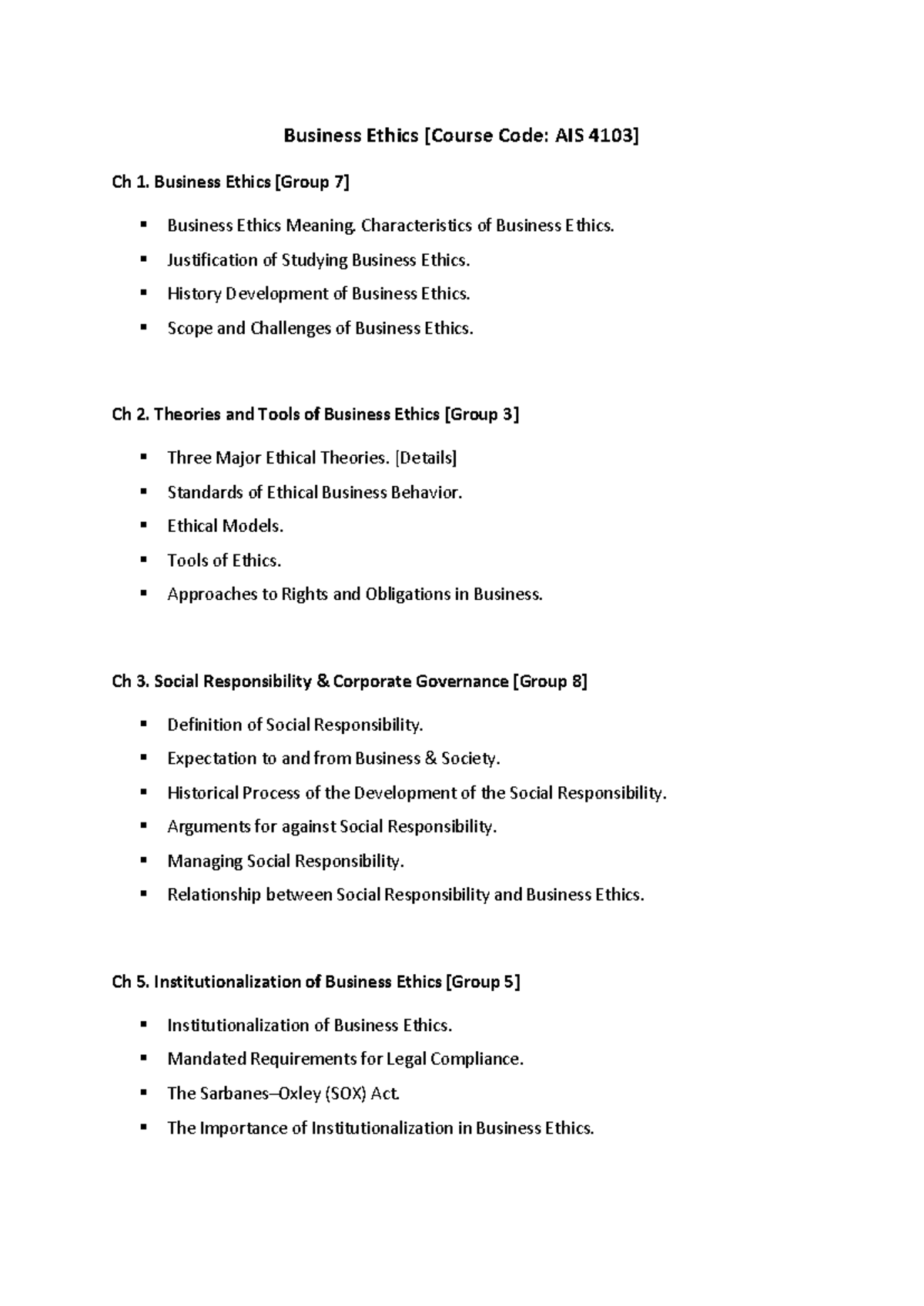Business Ethics Overview: AIS Ch 1-8 Summary and Key Concepts - Studocu