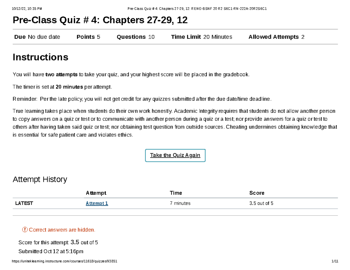 Pre-Class Quiz # 4: Chapters 27-29 - RENO-BSNF 20 R2 S6C1-RN-222A ...