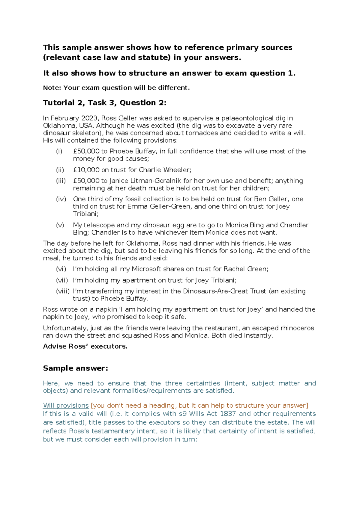 2025 - LW202 Sample Answer: Structuring Wills and Trusts in Exam ...
