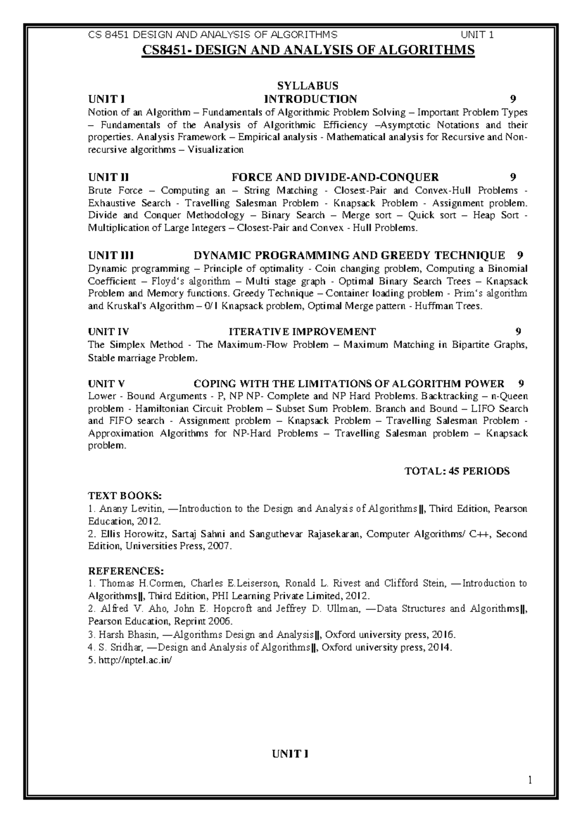 CS 8451 Design and Analysis of Algorithms - Unit 1 Syllabus and Key ...