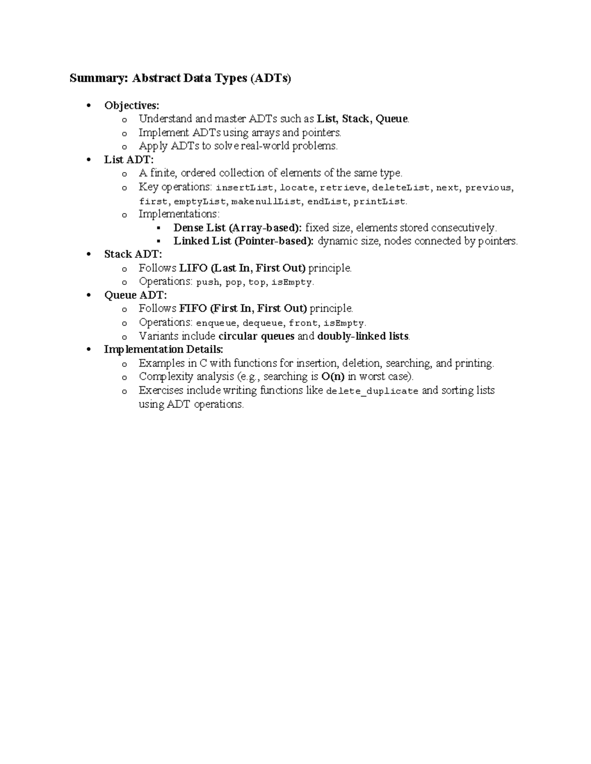 ADT (Abstract Data Types) Summary: Lists, Stacks, and Queues - Studocu