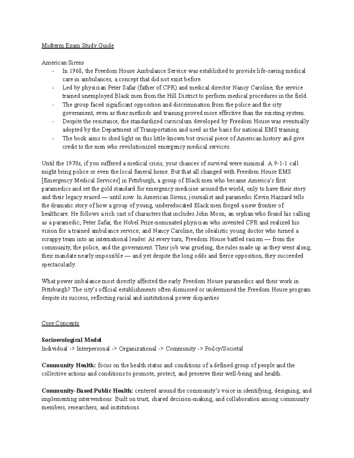 Midterm Exam Study Guide: American Sirens & Community Health Models ...