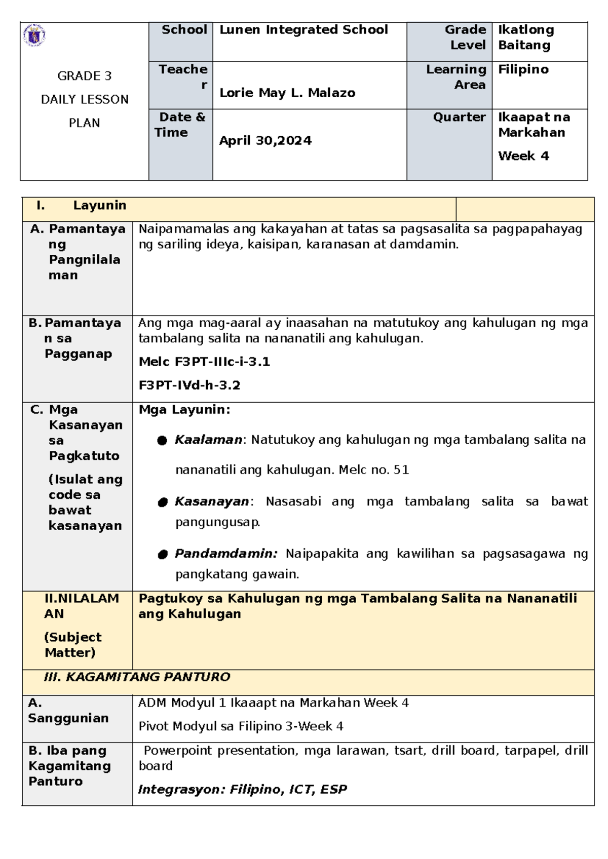 COT-Filipino-3-Q4-W4-Daily Lesson Plan on Compound Words - Studocu