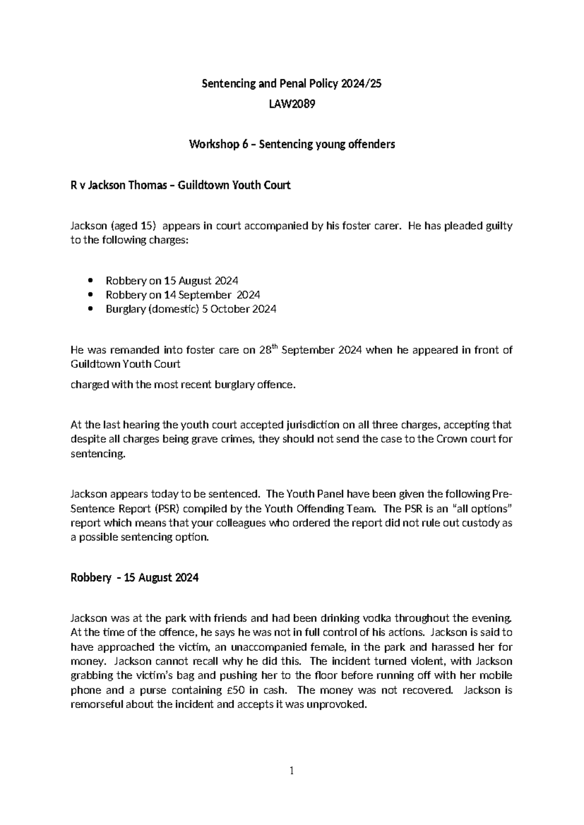 Workshop 6 - Sentencing youth - Copy - Sentencing and Penal Policy 2024 ...