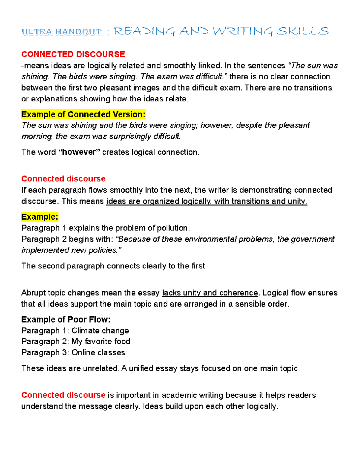 RWS 101 Ultra Handout: Mastering Connected Discourse for Midterm - Studocu