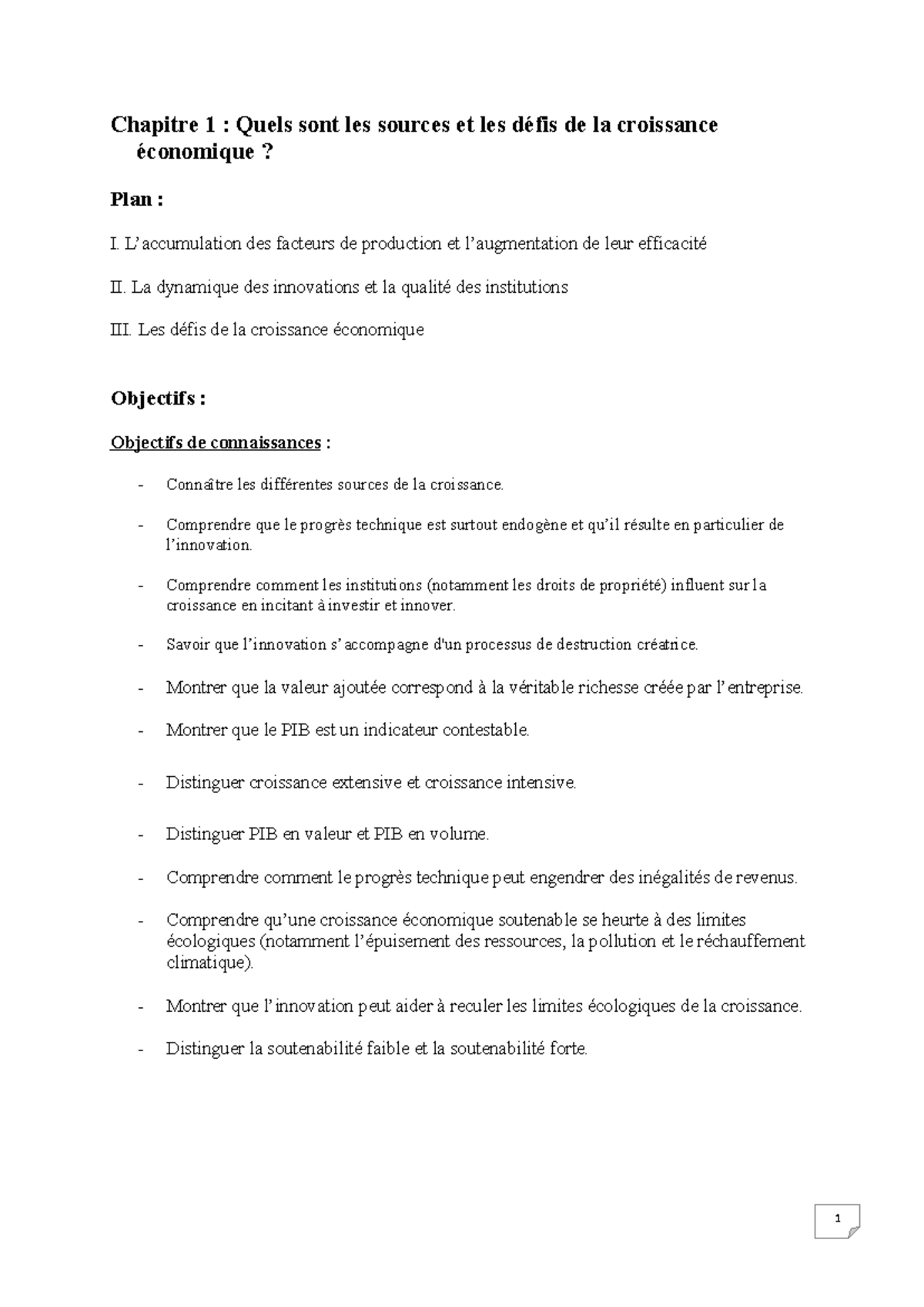 Chapitre 1 Les sources et les défis de la croissance économique ...