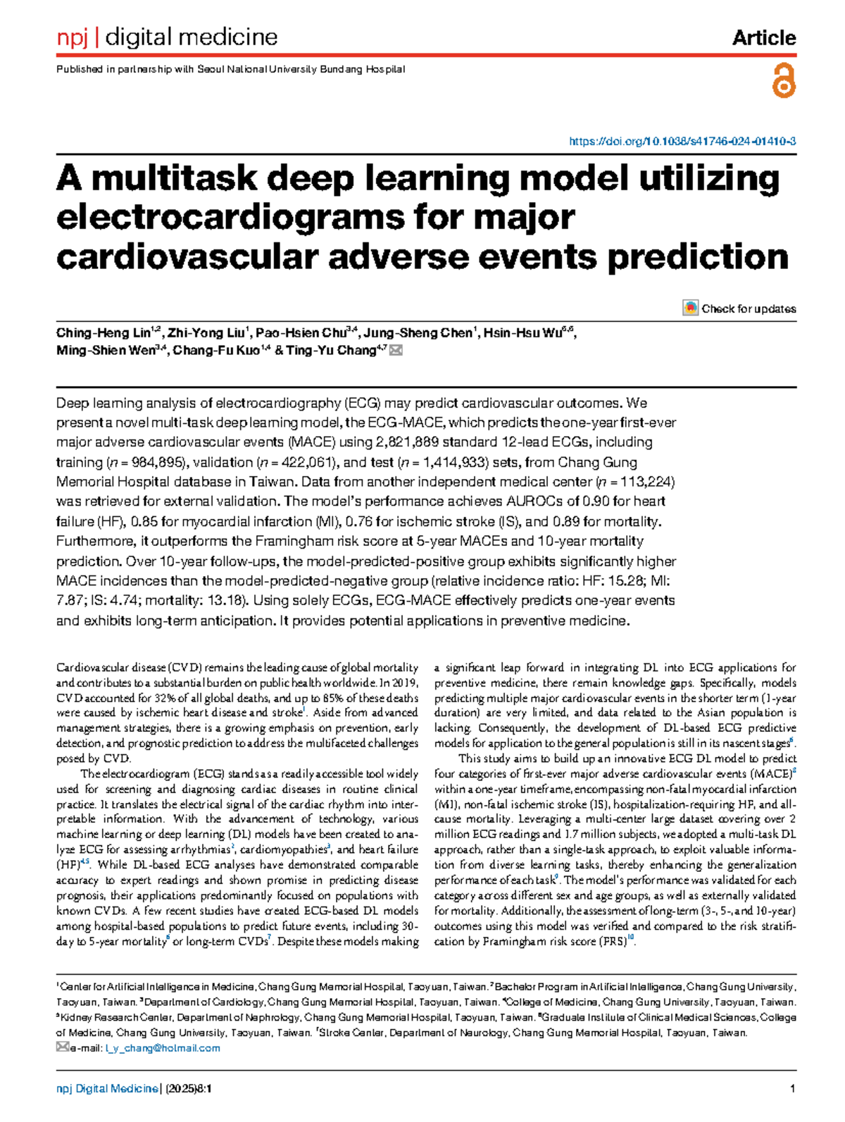 A multitask deep learning model utilizing electrocardiograms for major ...