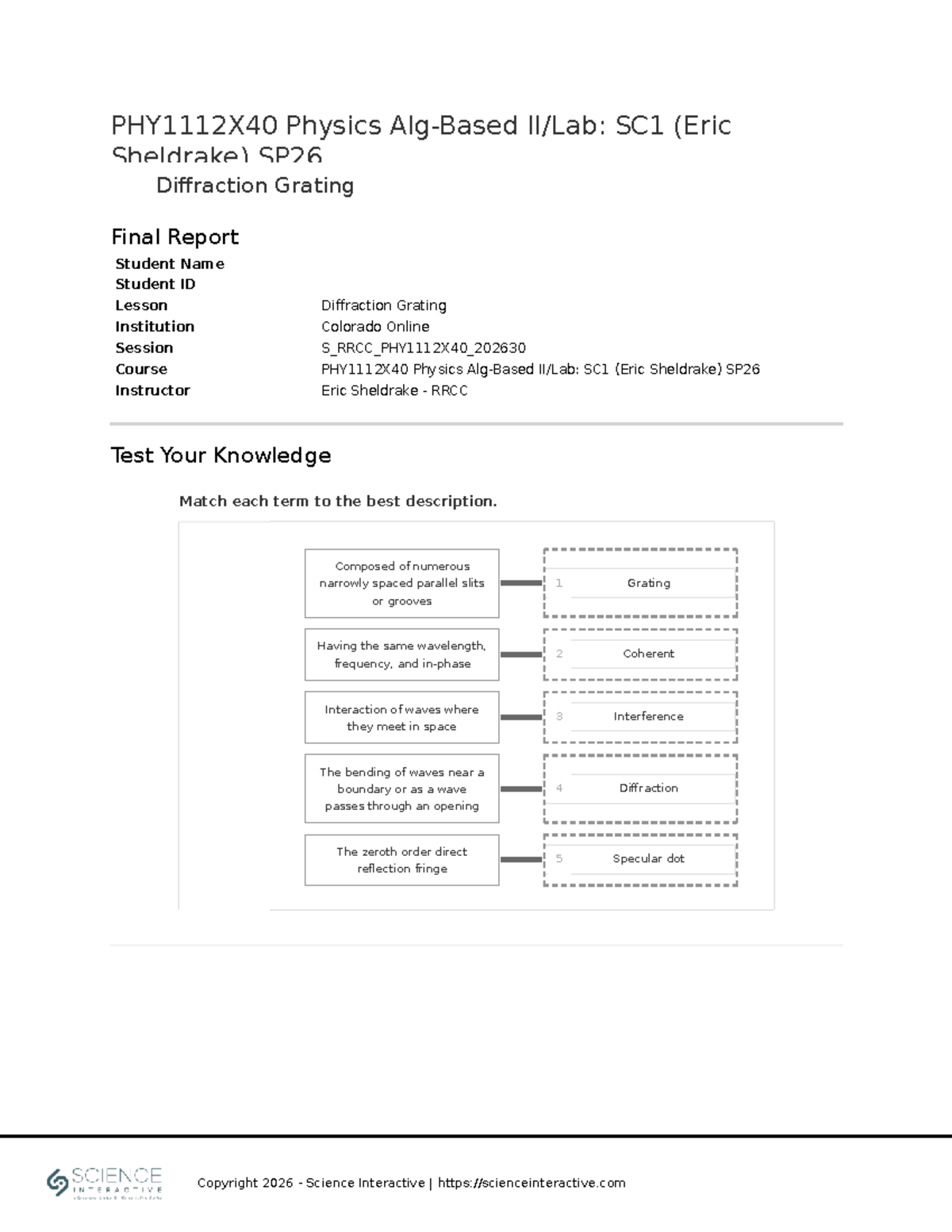 Physics SC1 (Eric Sheldrake) SP26 Diffraction Grating Lab Report - Studocu