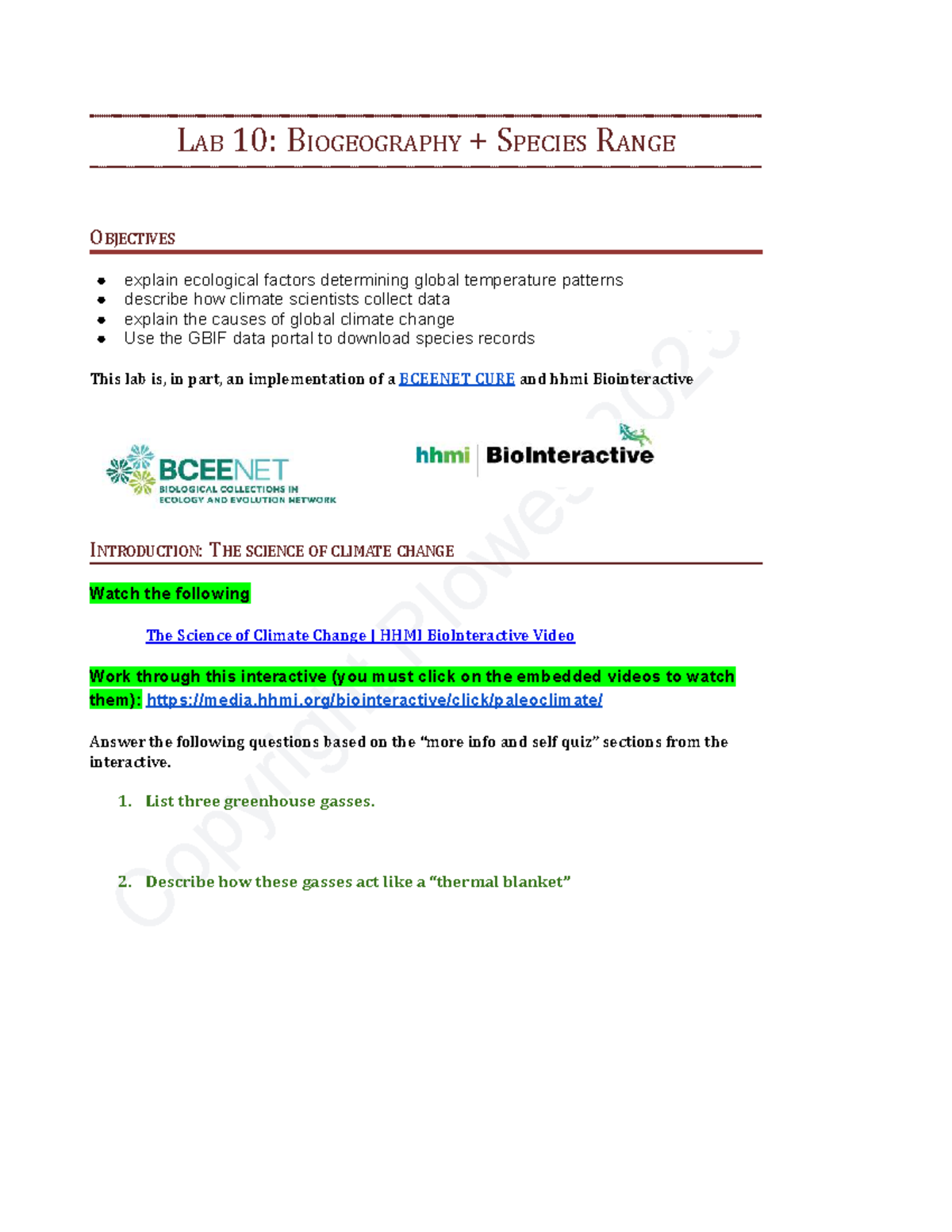 Bio 182 Lab 10: Biogeography & Climate Change Data Analysis - Studocu