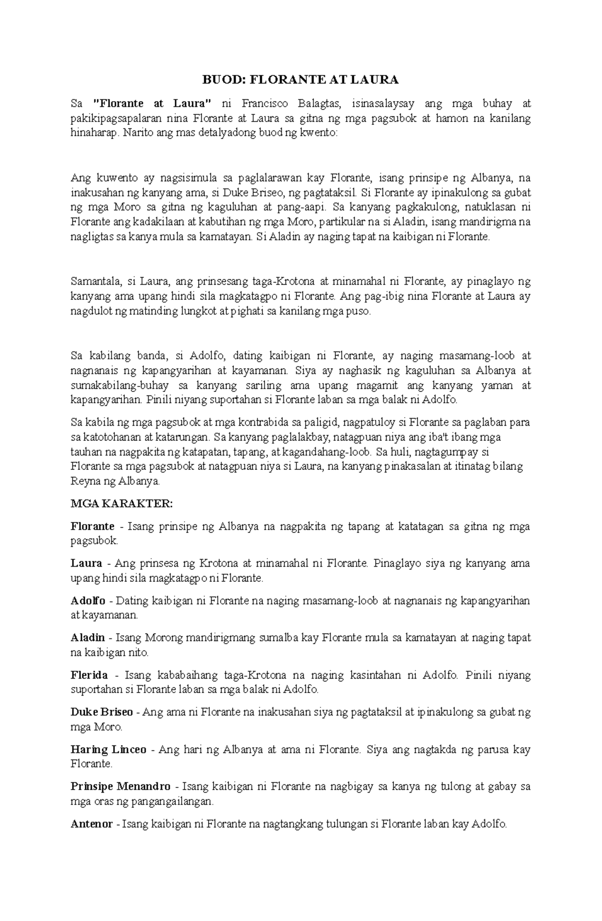 BUOD NG Florante at Laura: Pagsusuri ng Mga Tauhan at Tema - Studocu