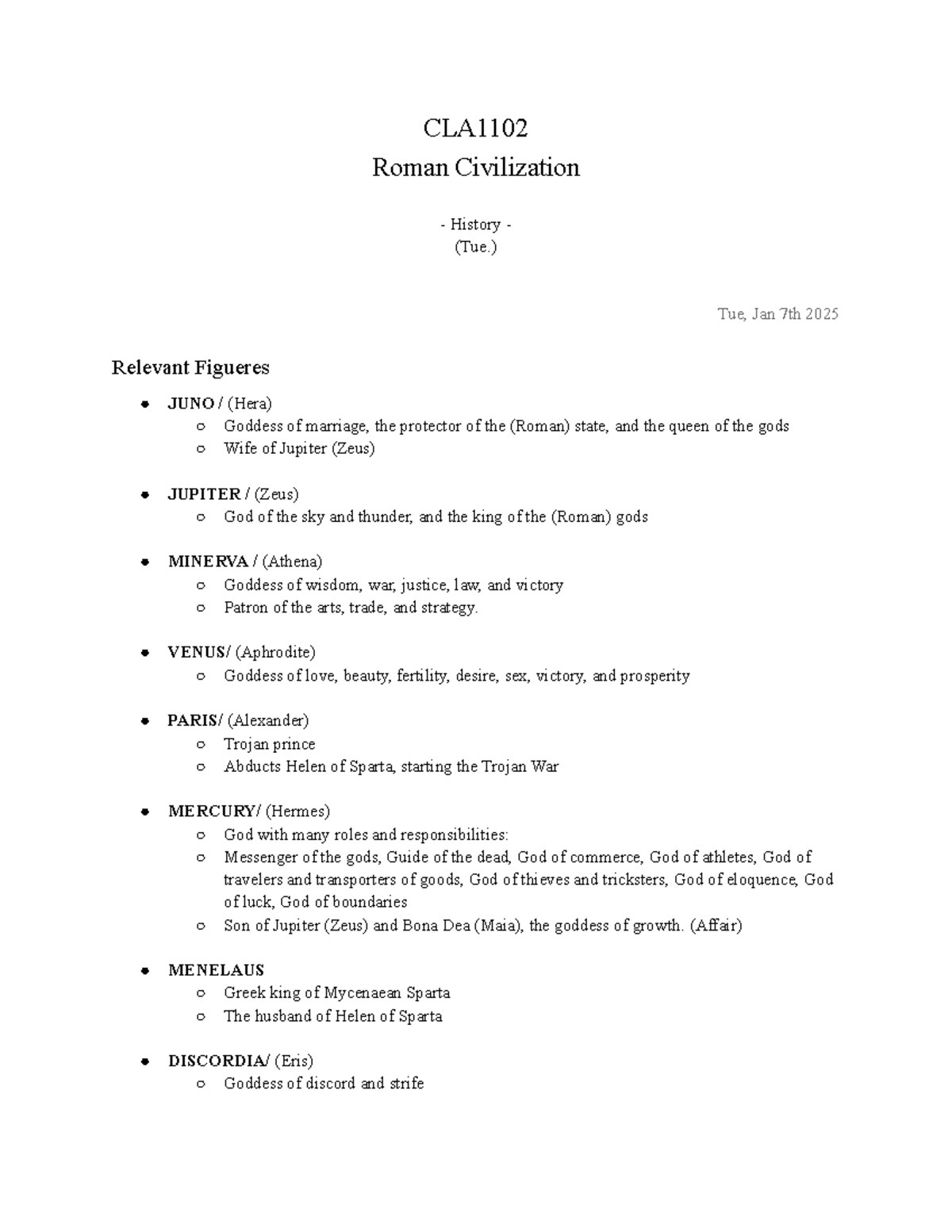 CLA1102 - History Notes (Copy) - CLA Roman Civilization History - (Tue ...