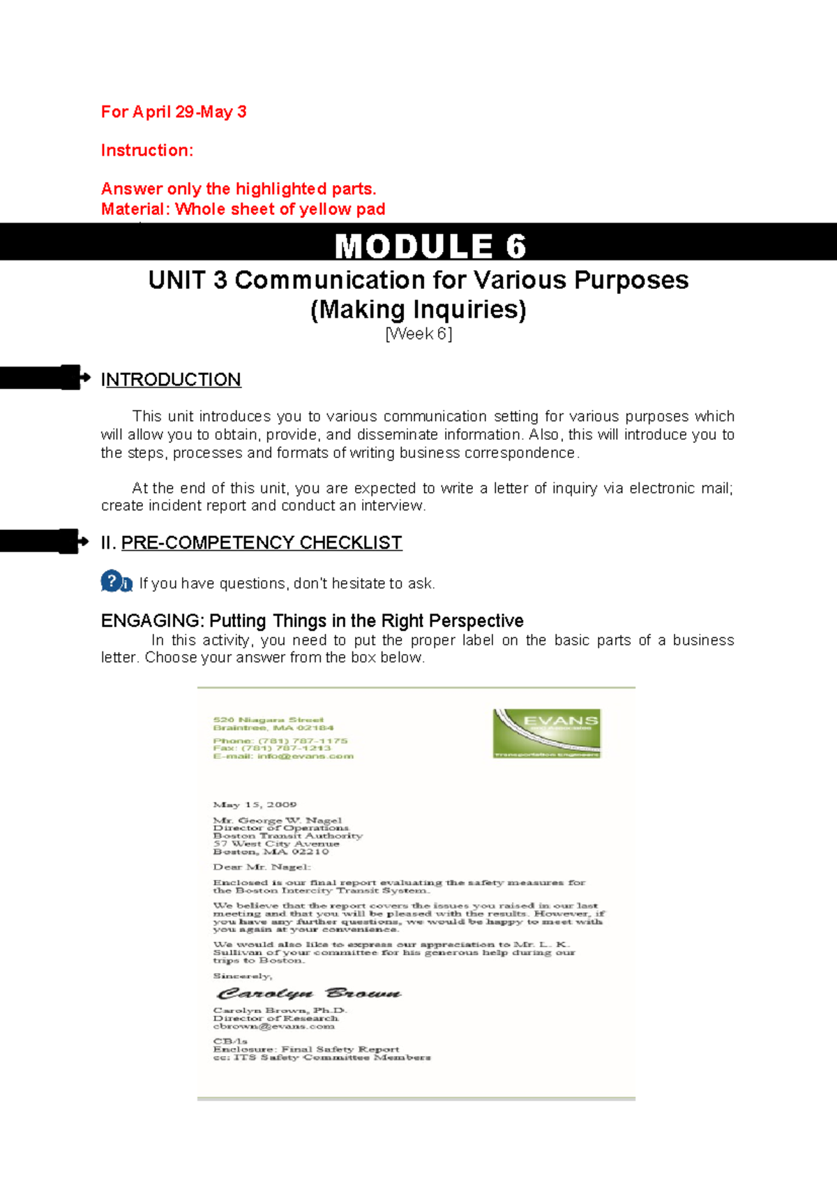 Module-6 - For April 29-May 3 Instruction: Answer only the highlighted ...