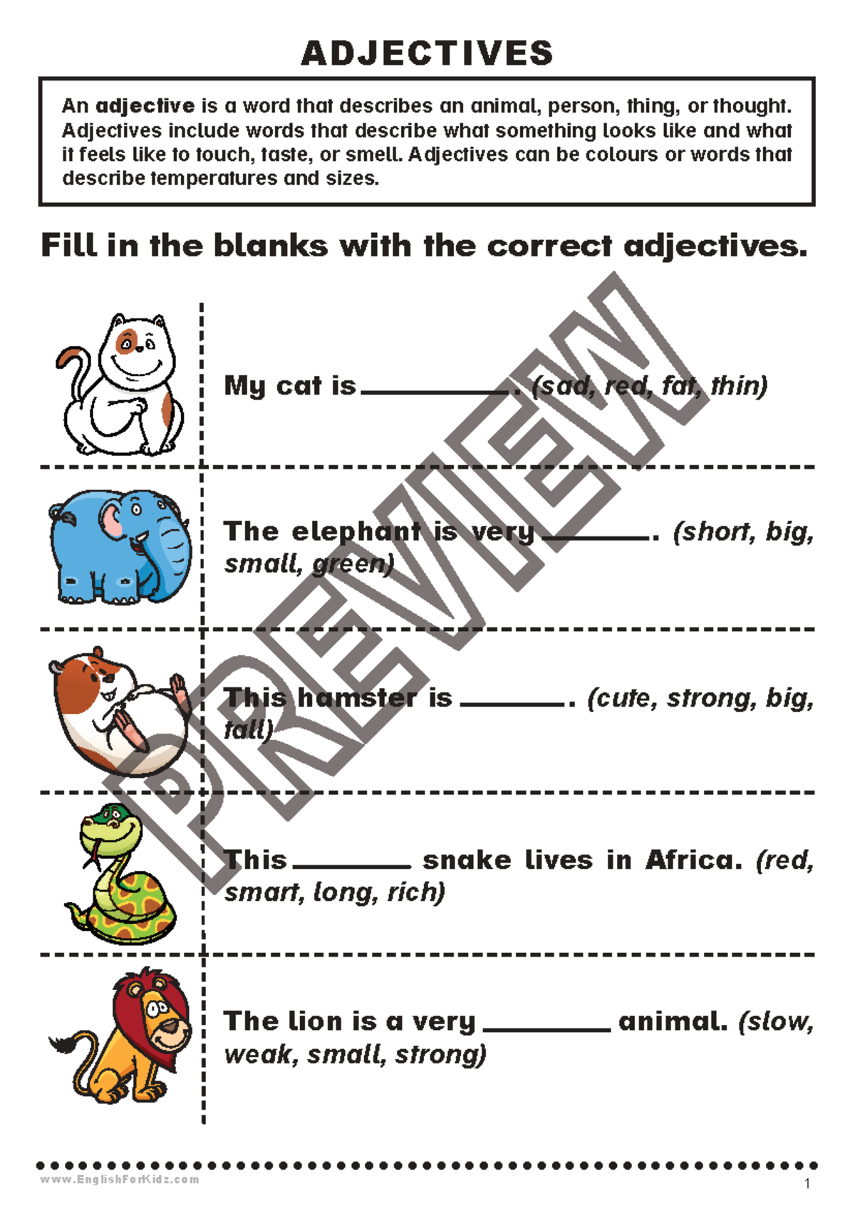Adjectives Worksheets Preview: Fill in the Blanks & Activities - Studocu