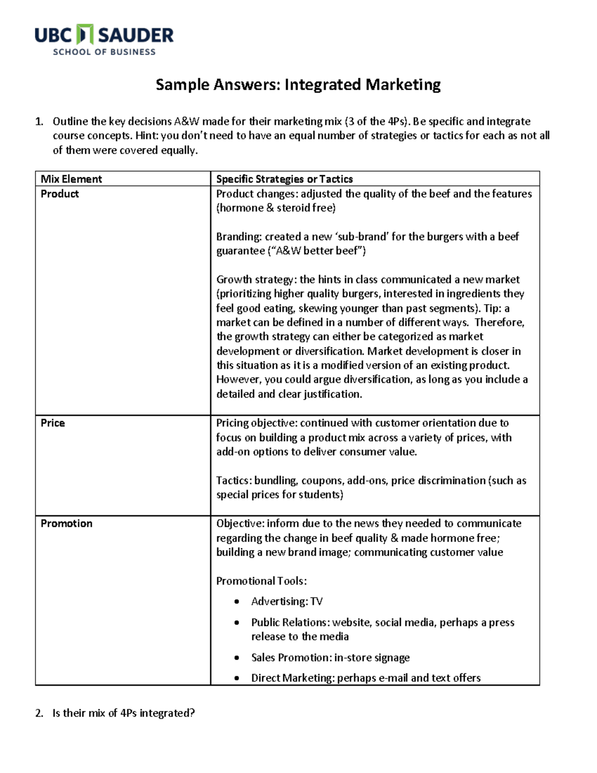 C296 Class 24 Sample Answers: Integrated Marketing Mix Strategies - Studocu