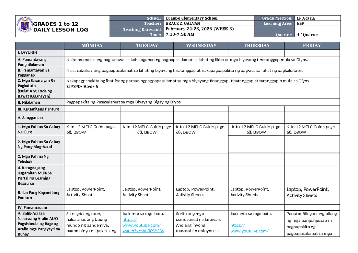 DLL Q4 EsP 2 Week 3 - GRADES 1 to 12 DAILY LESSON LOG School: Oranbo ...