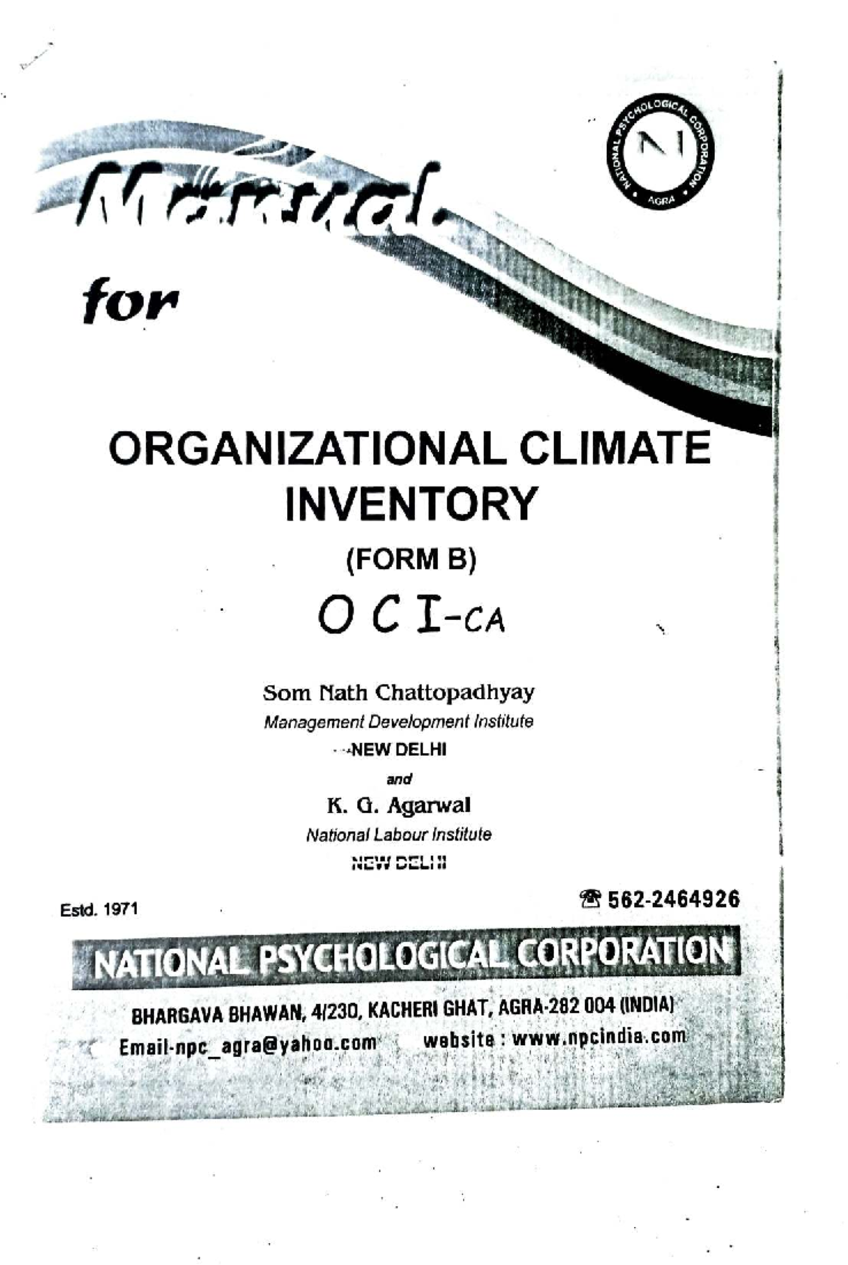 Manual for Organizational Climate Inventory (OCI) - Form B Analysis ...
