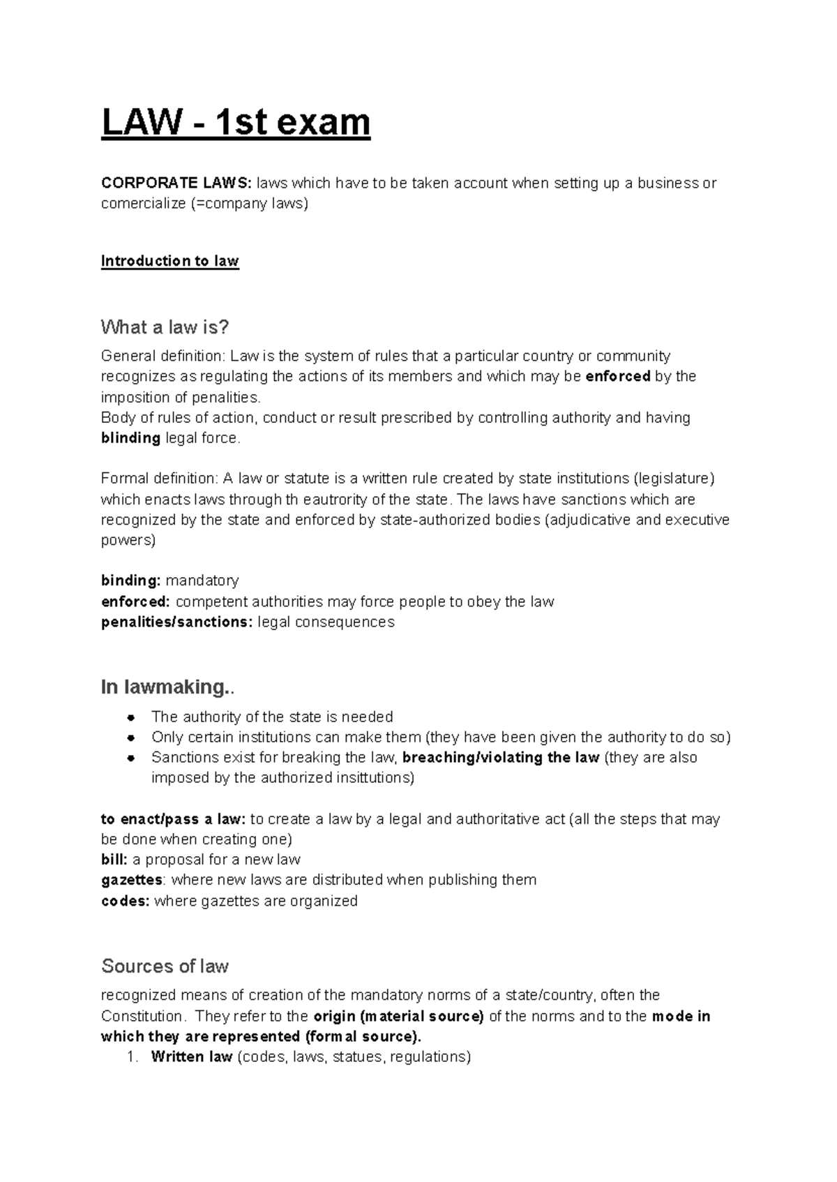 LAW 1st Exam: Corporate Laws Overview and Key Concepts - Studocu
