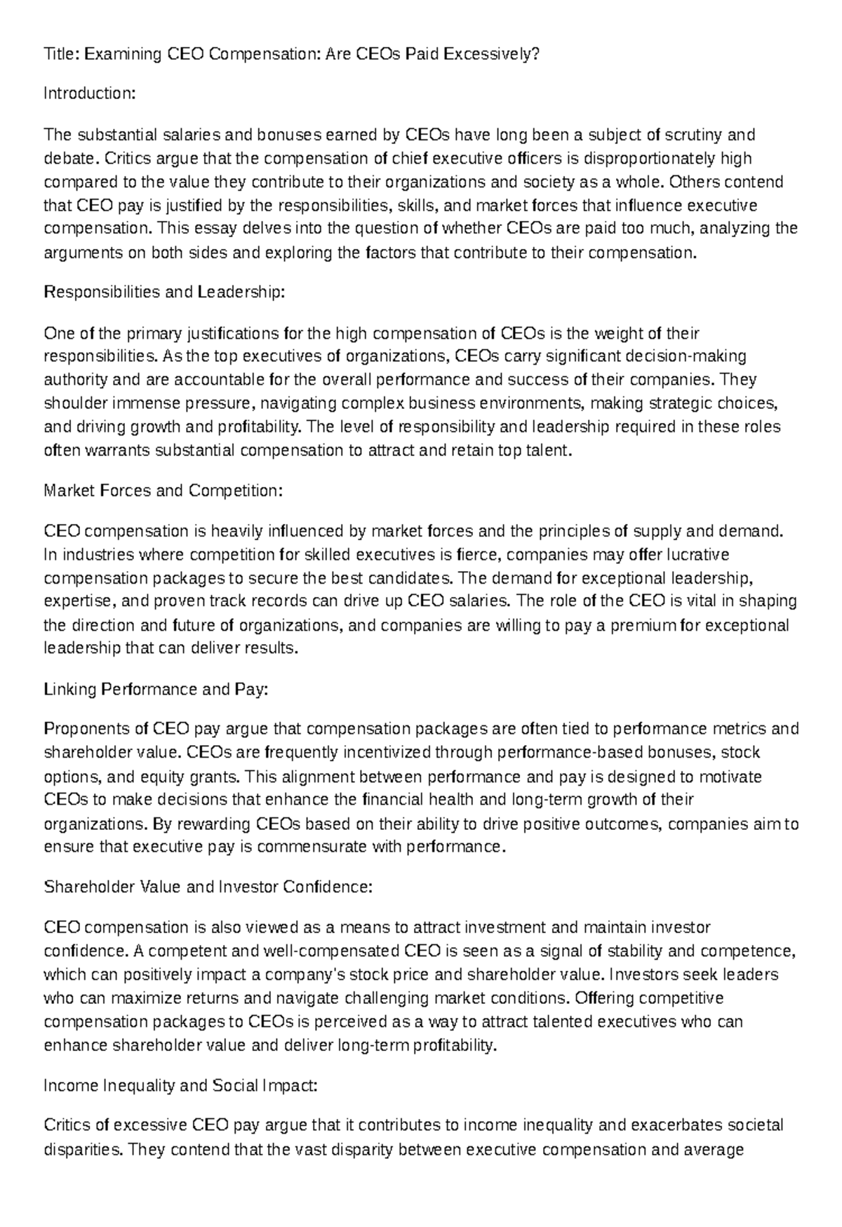 Title: Final Essay on CEO Compensation: Are CEOs Overpaid? - Studocu