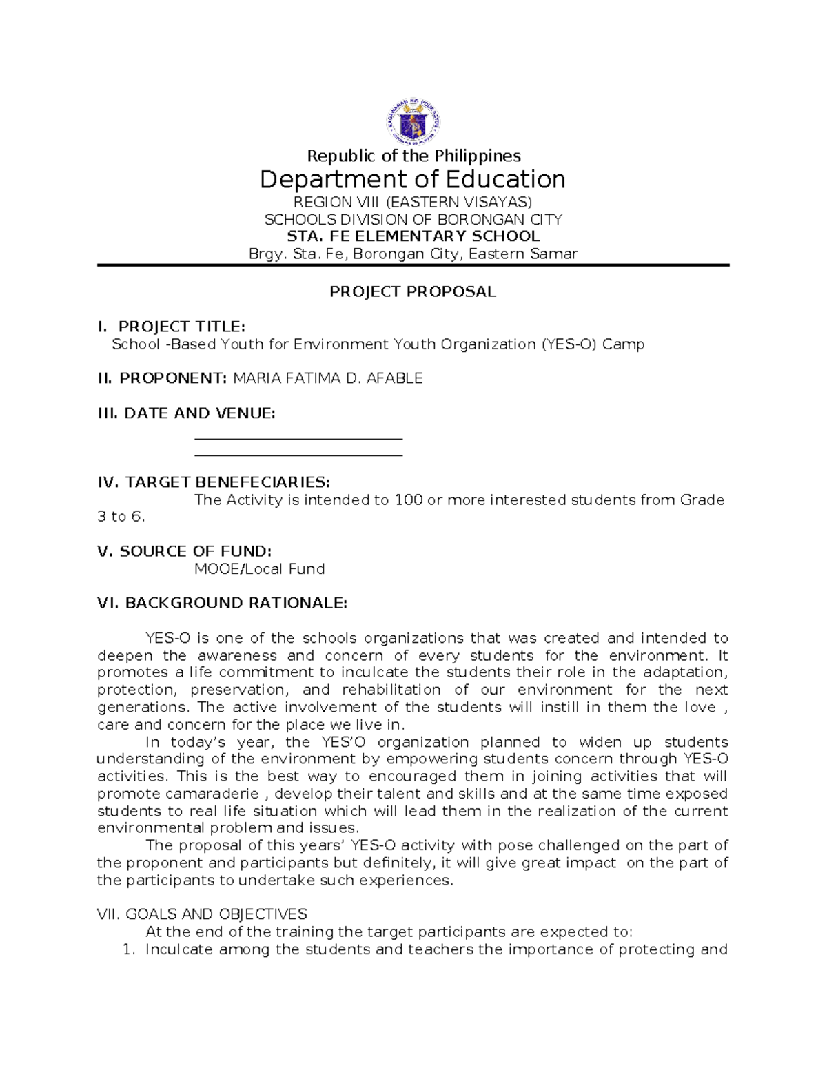 YES-O Project Proposal for Environmental Awareness Camp - Studocu