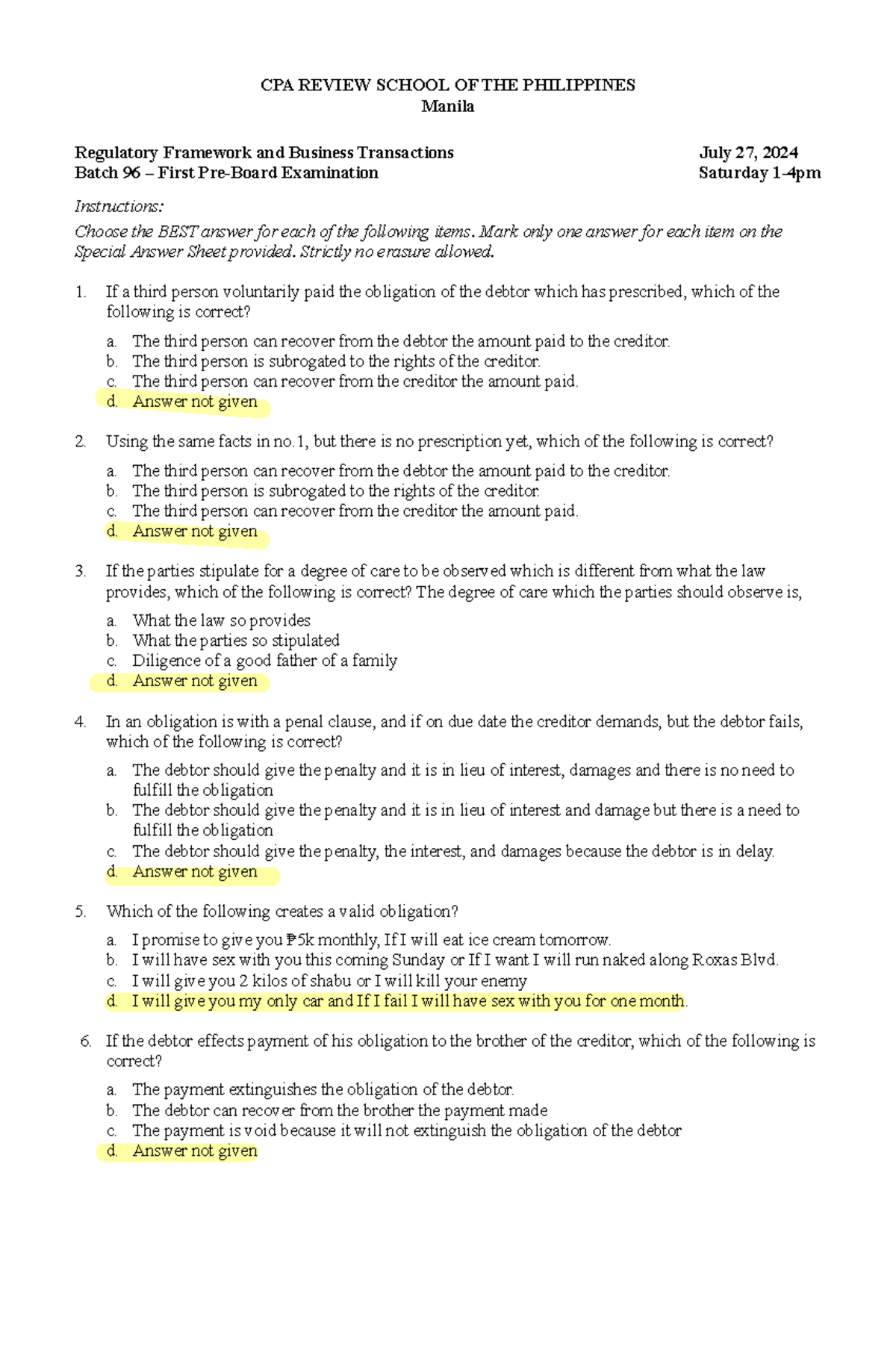 CPAR 96 RFBT First Pre-Board Exam - Testbank Questions and Answers ...