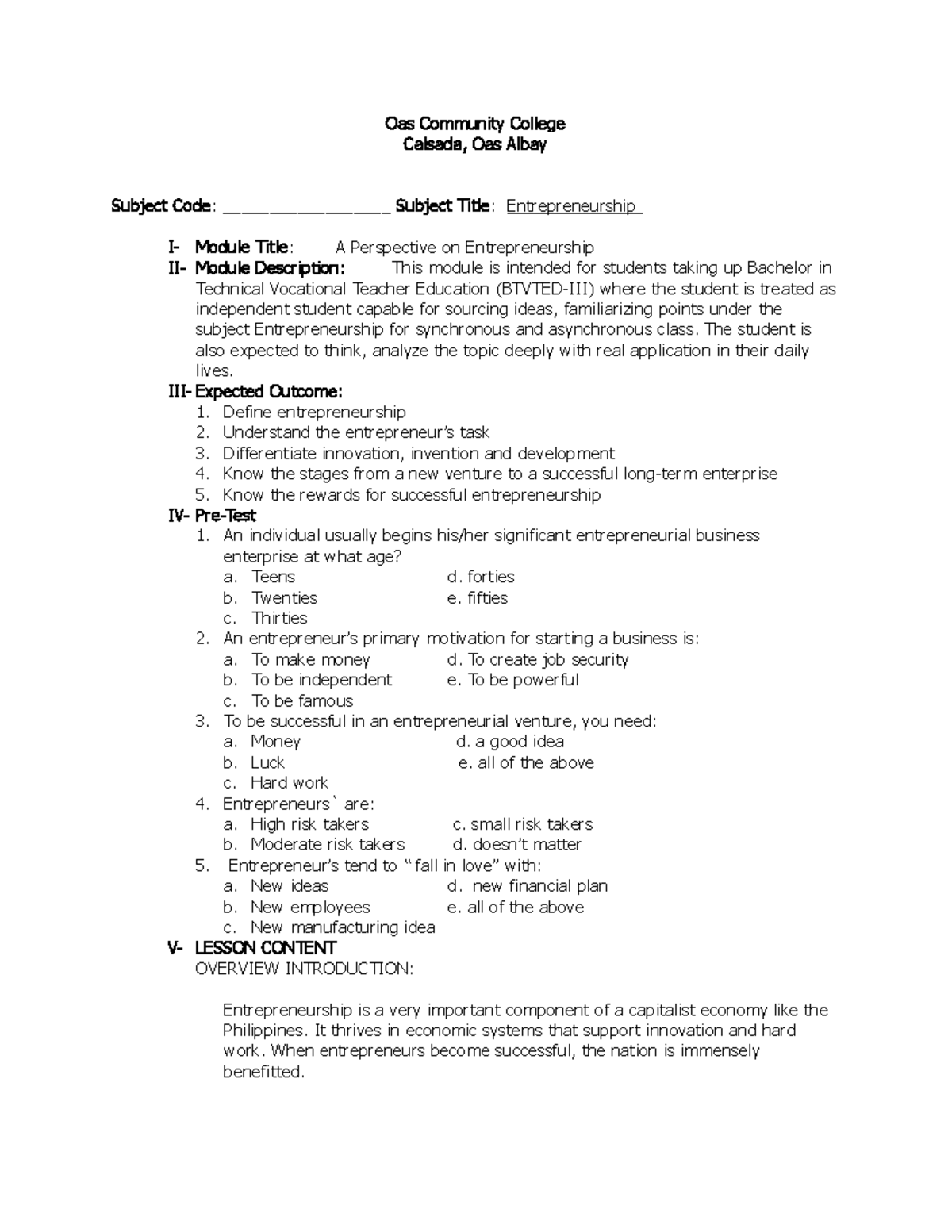 BTVTED-III Entrepreneurship Module 1: Understanding & Defining Concepts ...