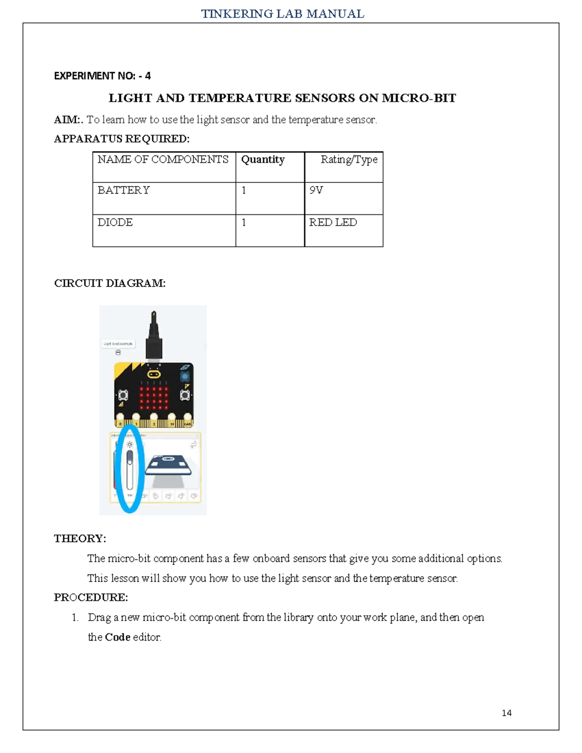 TINKERING LAB MANUAL: Exp 4 - Light & Temp Sensors on Microbit - Studocu