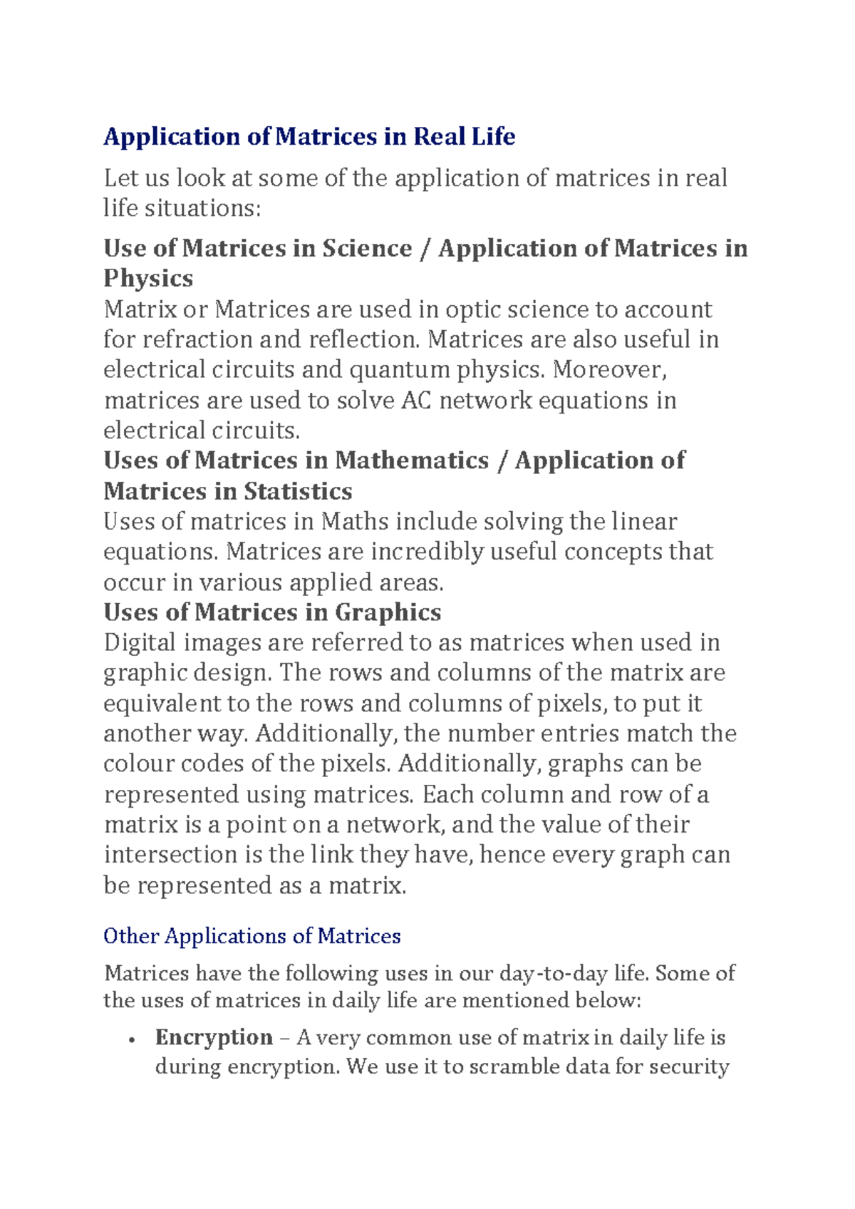 Application of Matrices in Daily Life and Various Fields - Studocu