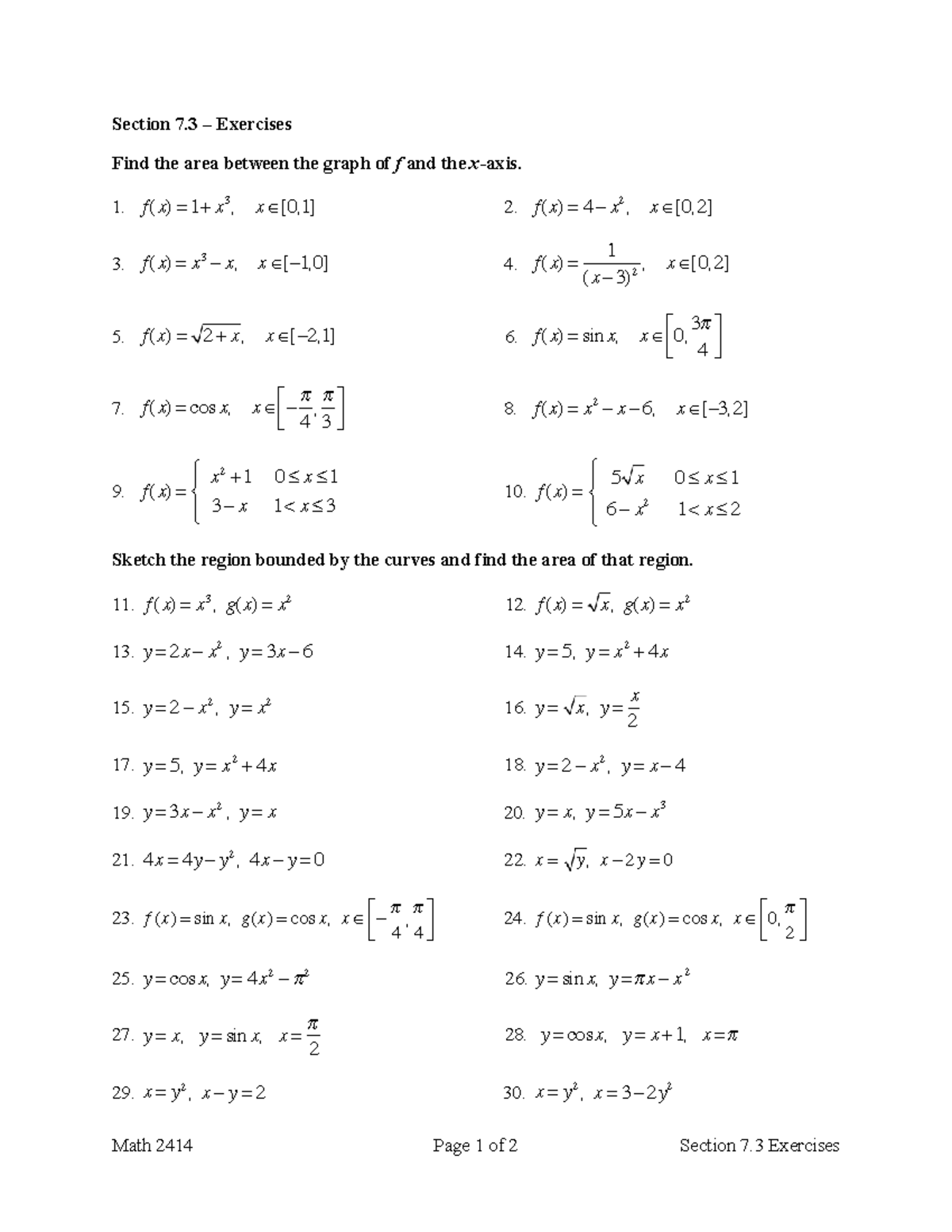 Math 2414 - Section 7.3 Exercises on Area Between Curves - Studocu