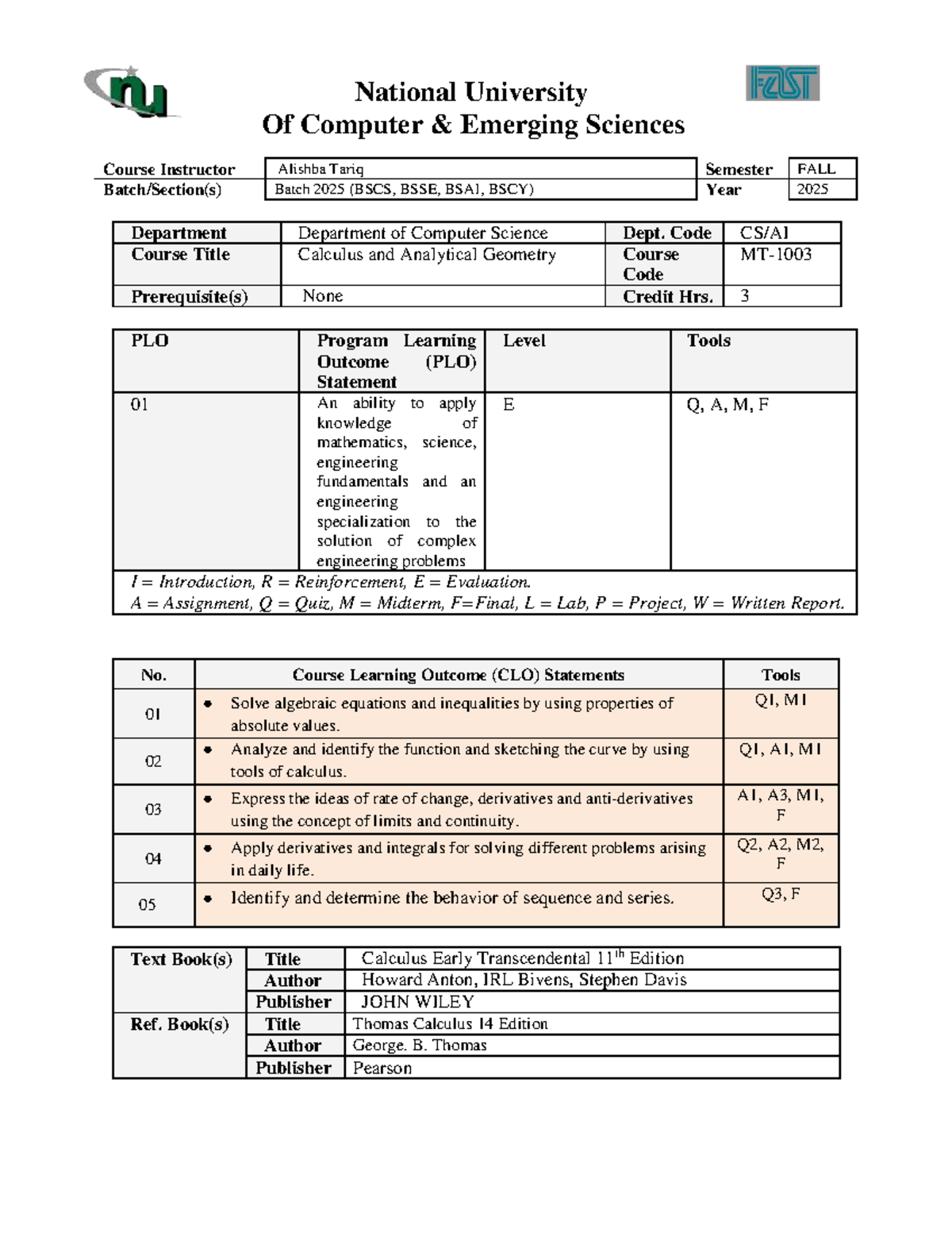 Calculus and Analytical Geometry Course Outline (FALL 2025) - Studocu