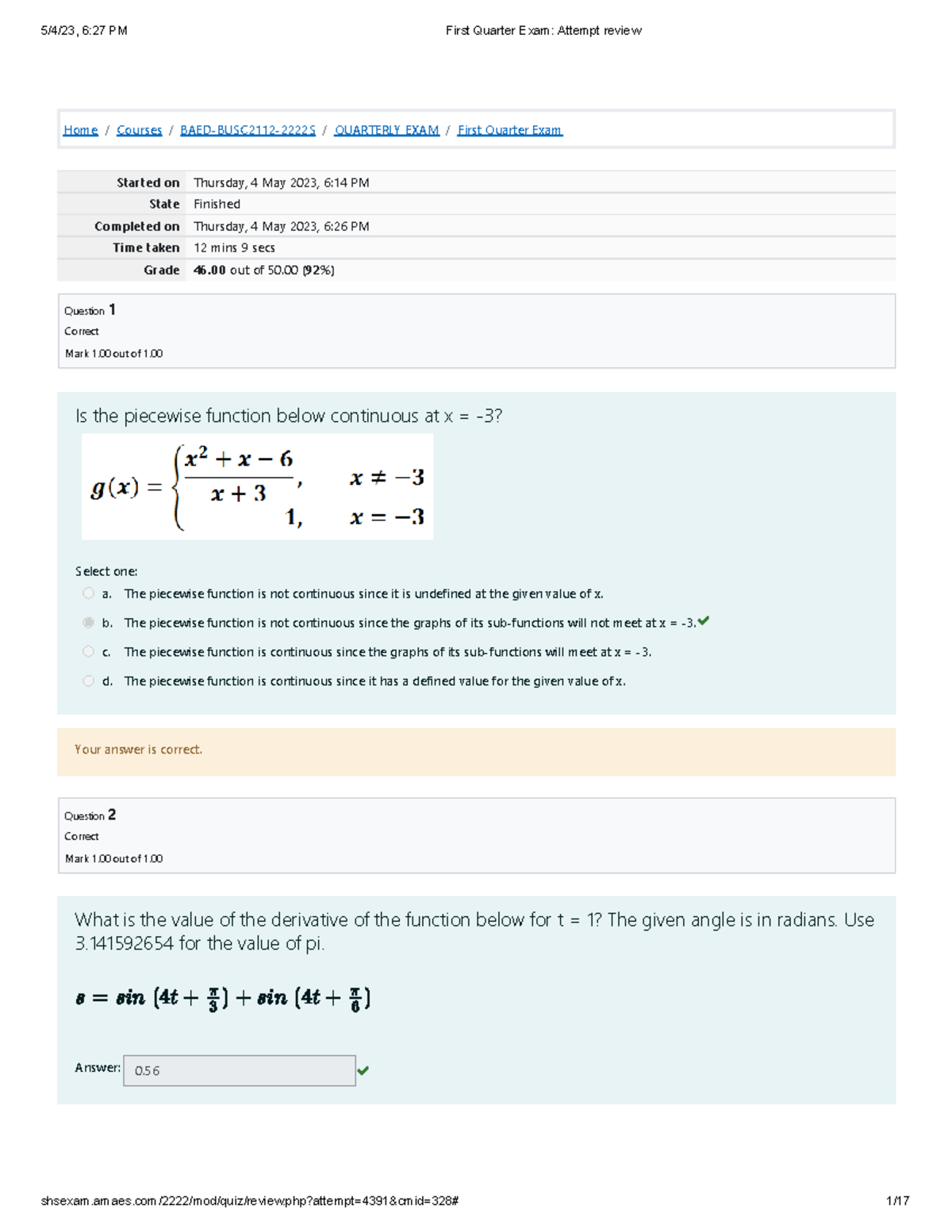 MATH 101: First Quarter Exam Review and Solutions - Studocu