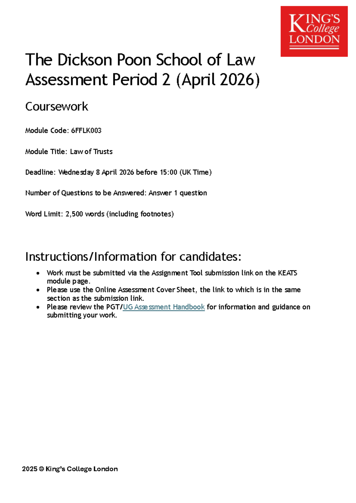 6FFLK003 Law of Trusts - Period 2 Coursework Guidelines 2025-2026 - Studocu