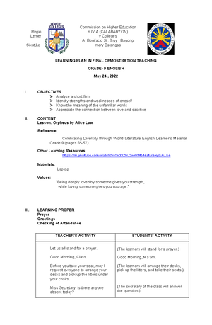 Midterm Lesson Plan Template for Senior High School (1st Day) - Studocu