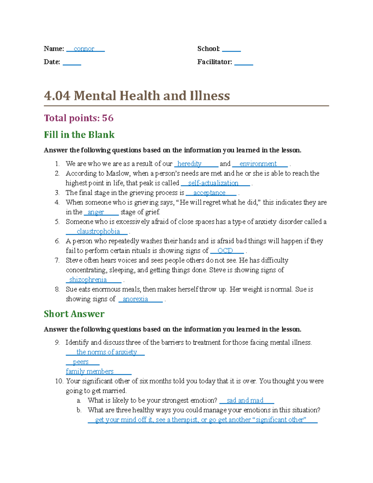 04-04 Mental Health & Illness: Fill-in-the-Blank & Short Answer Guide ...