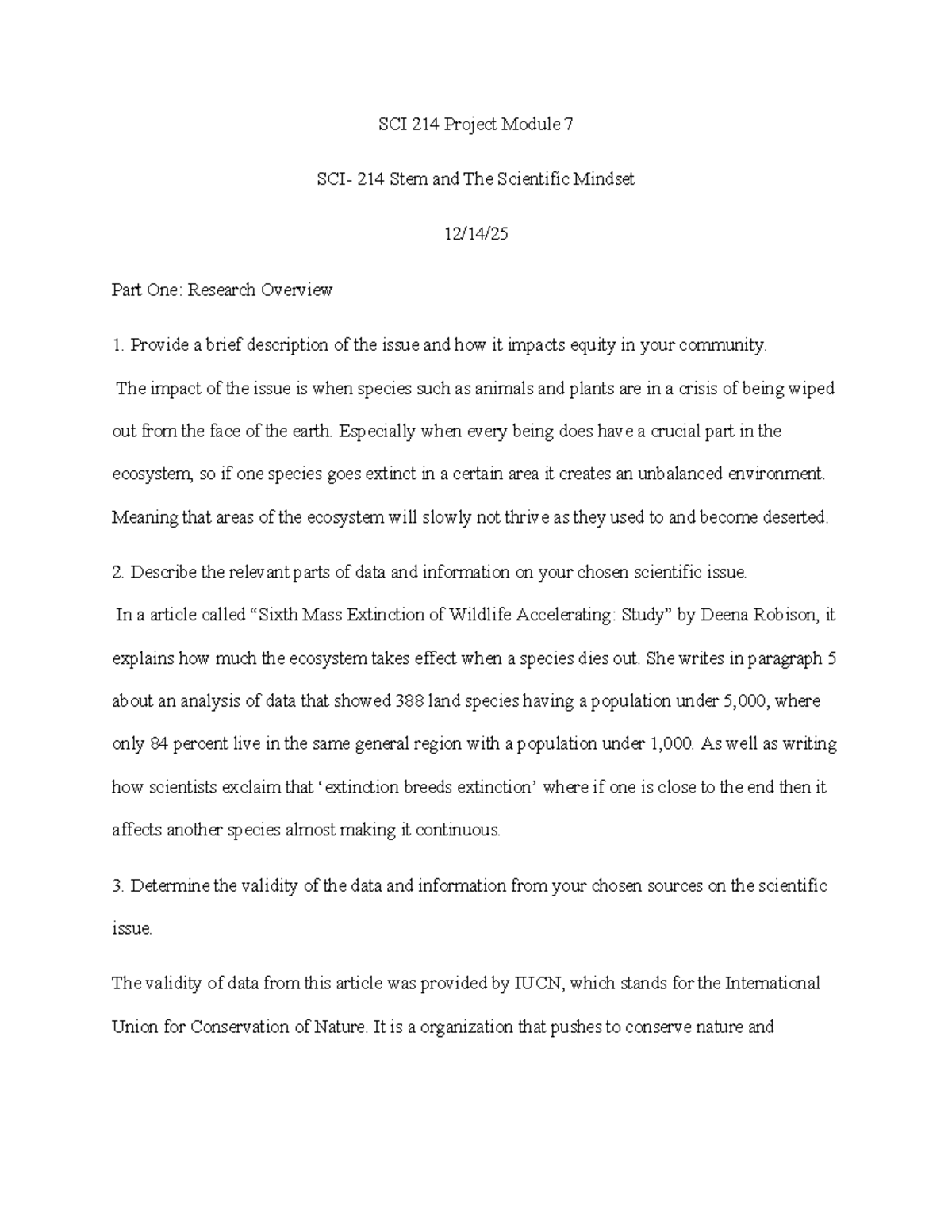 SCI 214 Project Module 7: Impact of Species Extinction on Ecosystems ...