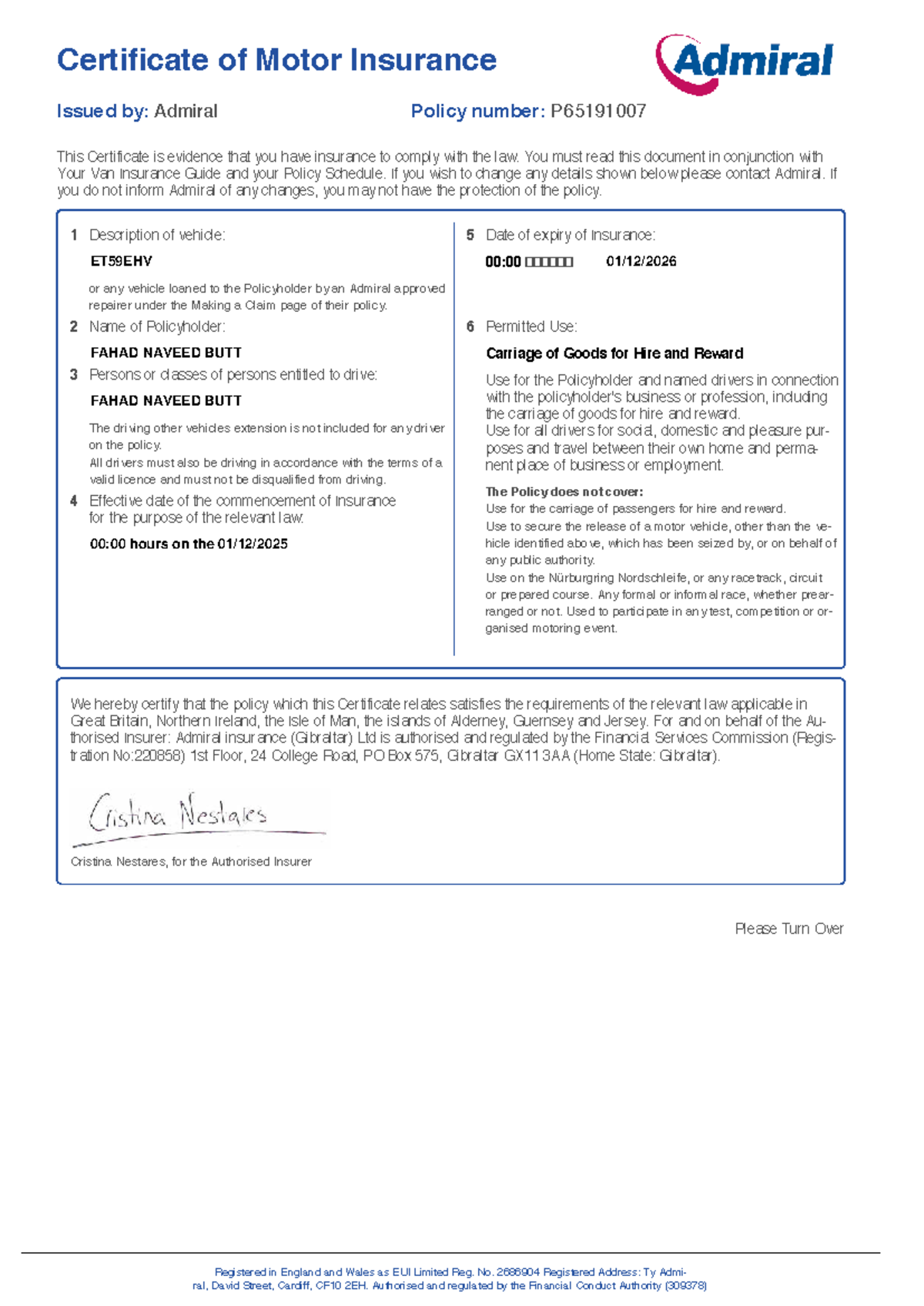 Certificate of Motor Insurance - Admiral Policy P65191007 - Studocu