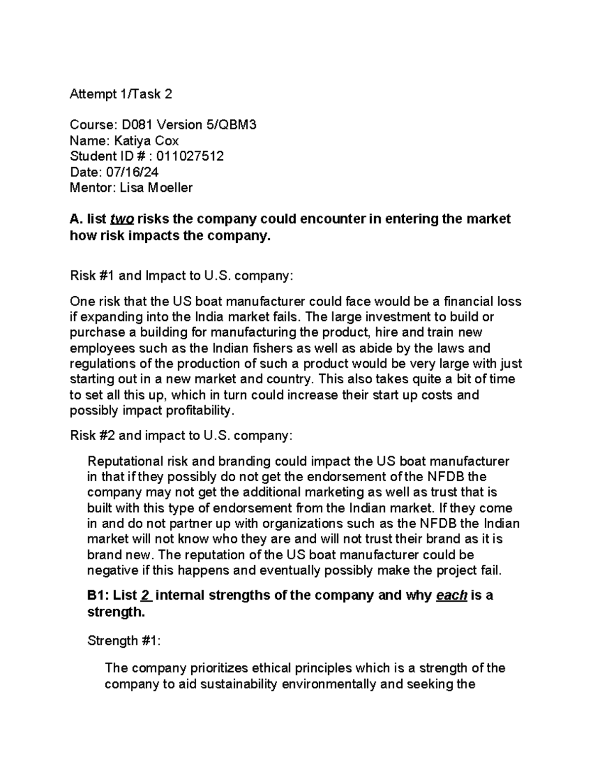 D081 Task 2: Market Entry Risks and Strategic Recommendations for US ...