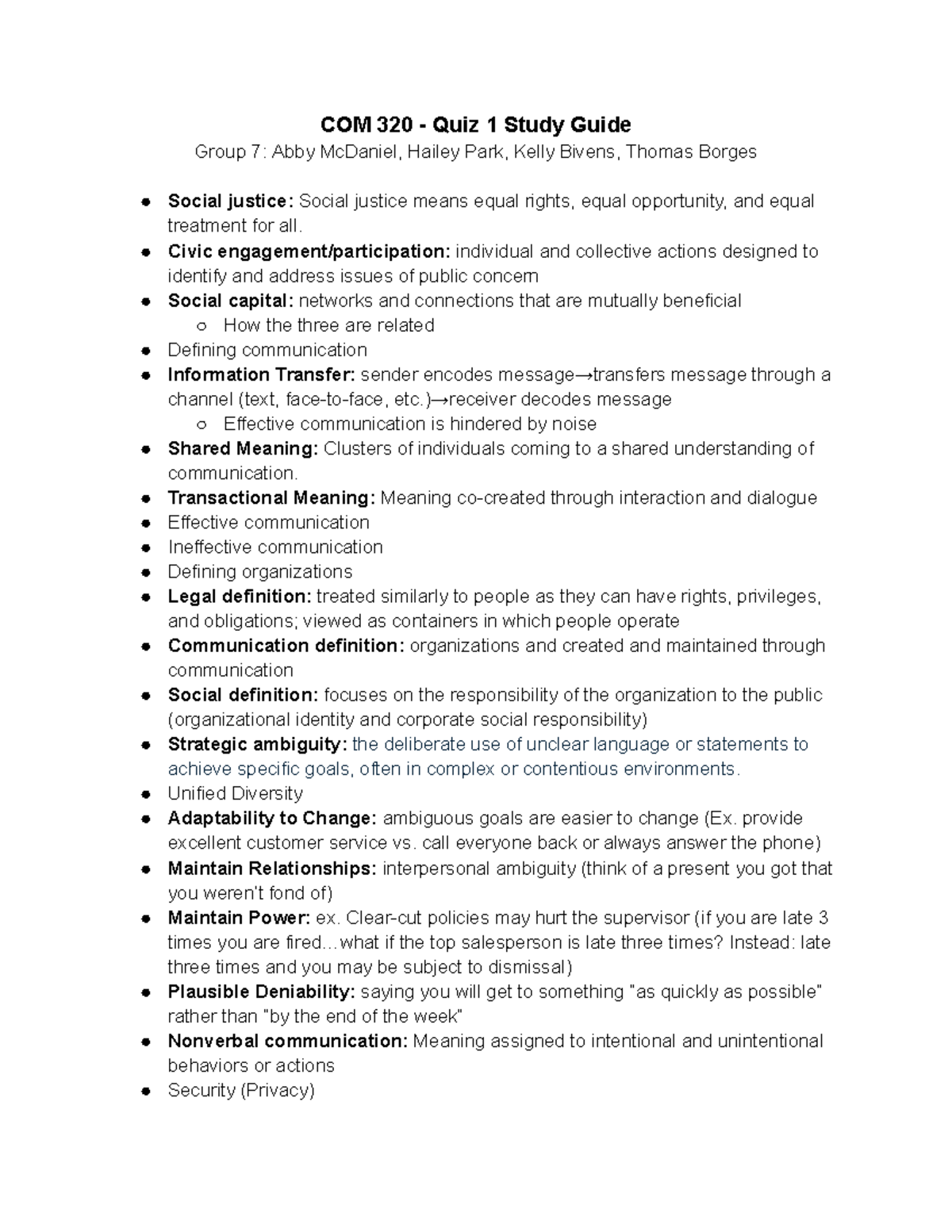 COM 320 Quiz 1 Study Guide: Key Concepts in Communication and ...