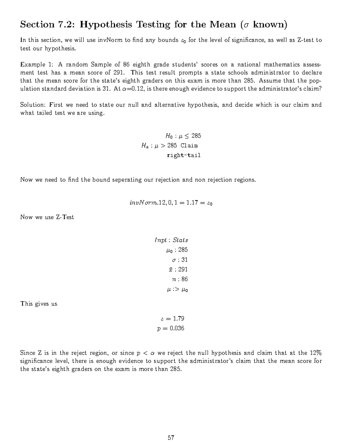 Math 1342 - Hypothesis Testing for Means (σ Known) Notes - Studocu