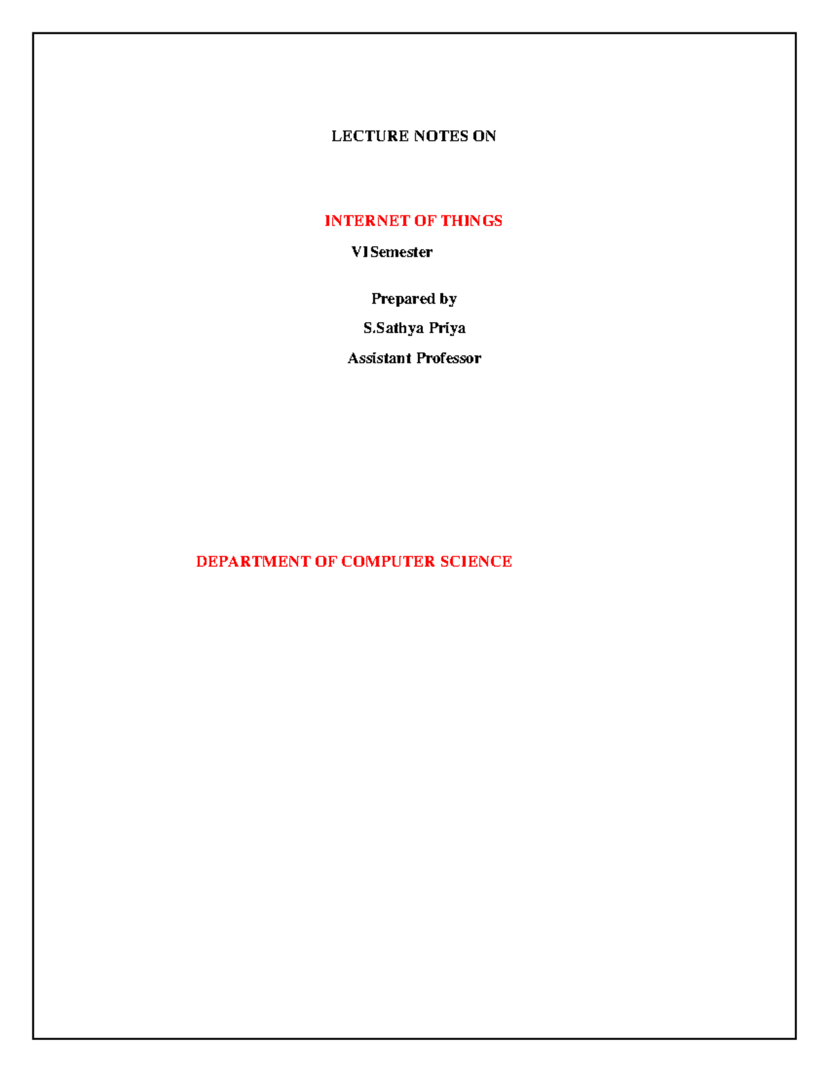 Lecture Notes on IoT (Internet of Things) - CS 101 - Document Preview