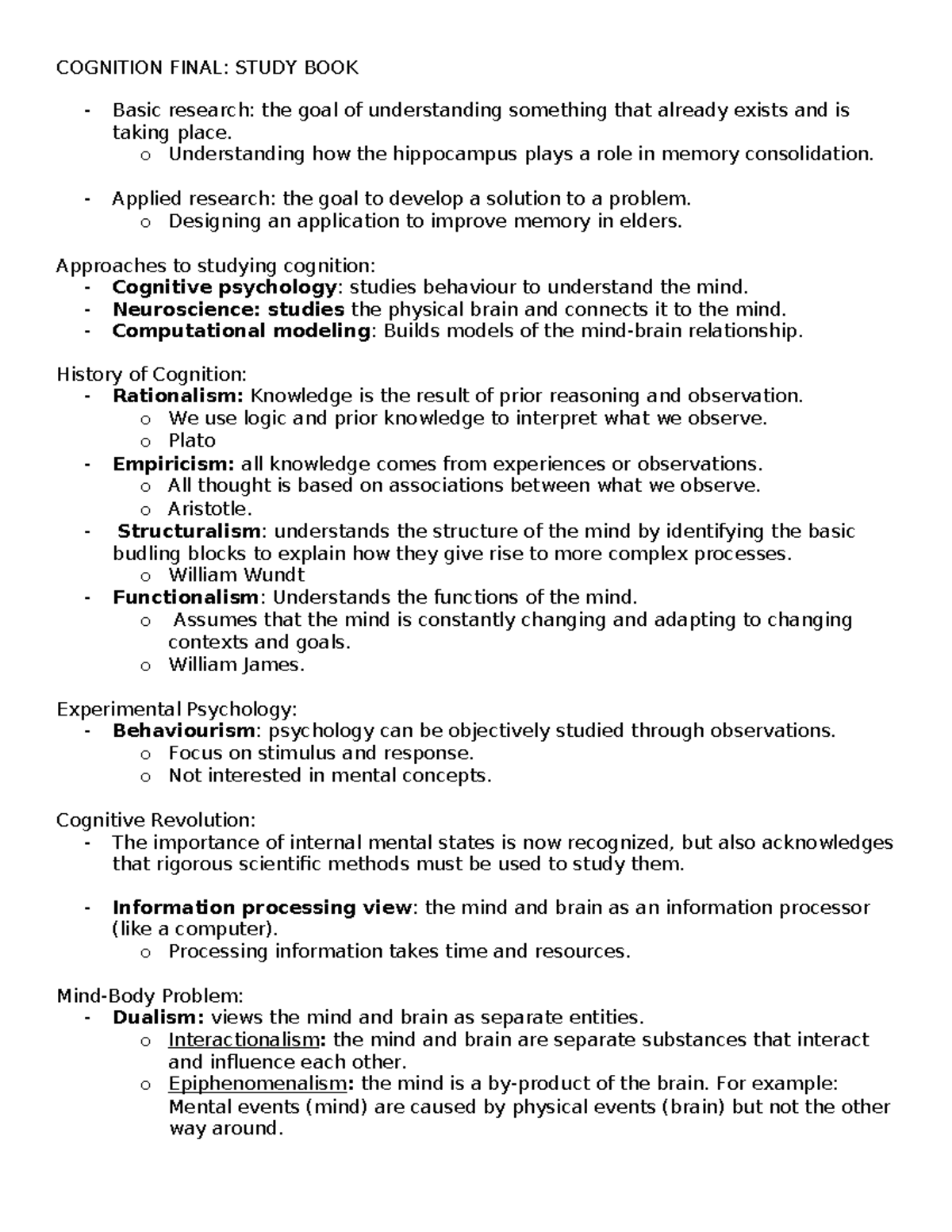 midterm 1 notes - COGNITION FINAL: STUDY BOOK Basic research: the goal ...