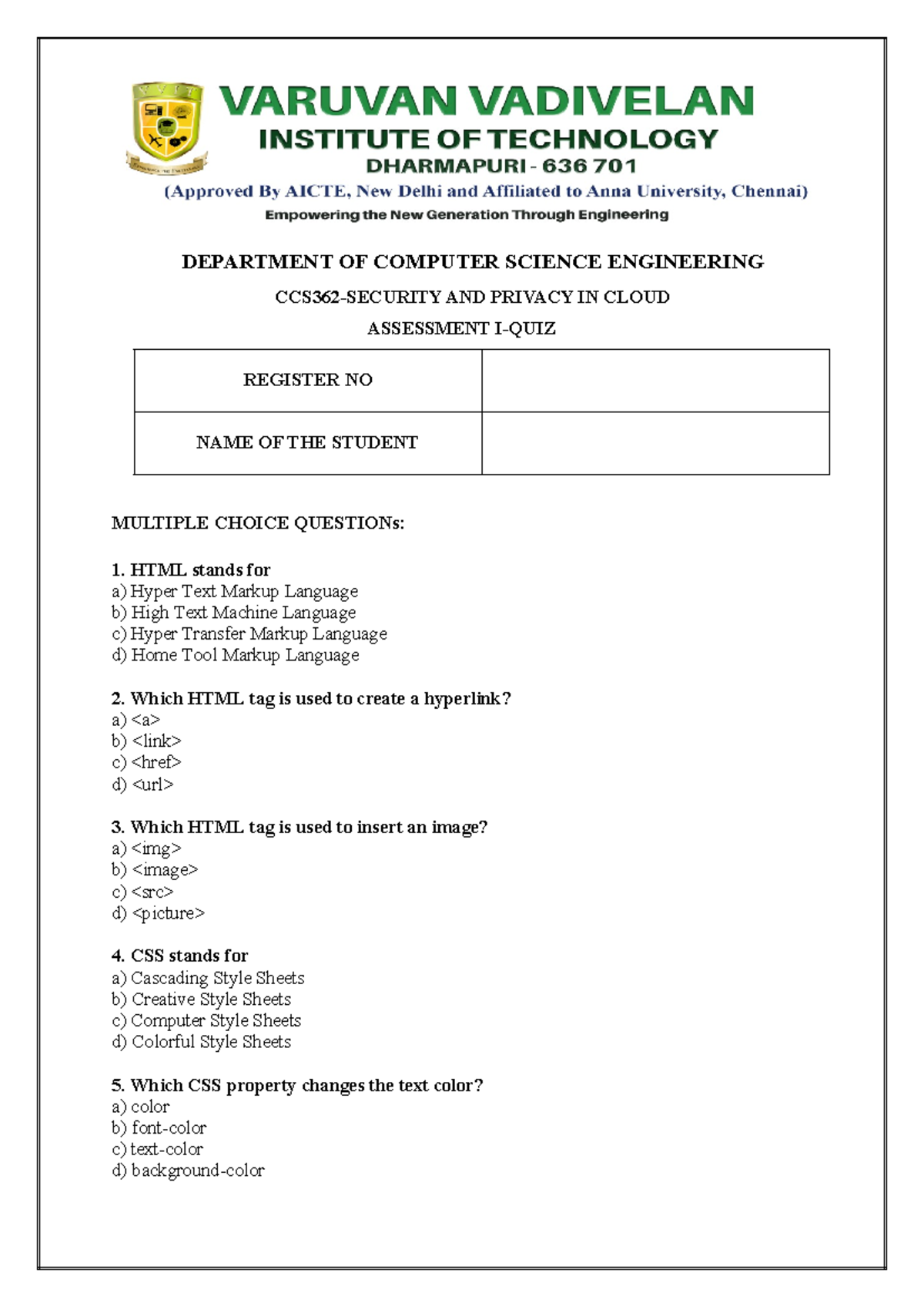 CS101: MCQ Assessment on HTML, CSS, and JavaScript Concepts - Studocu
