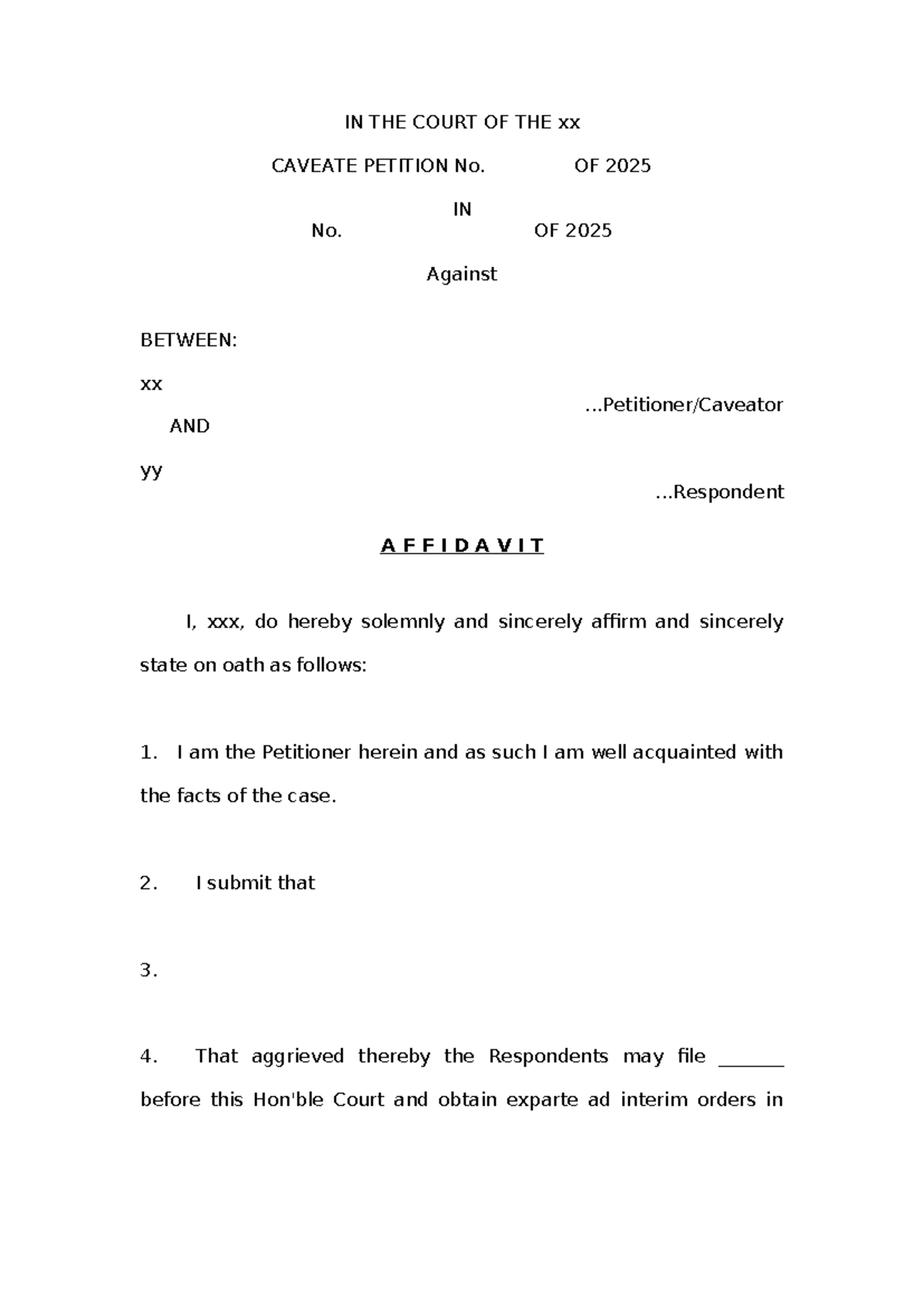 Caveat Petition Template - xx Case No. 2025 - Studocu