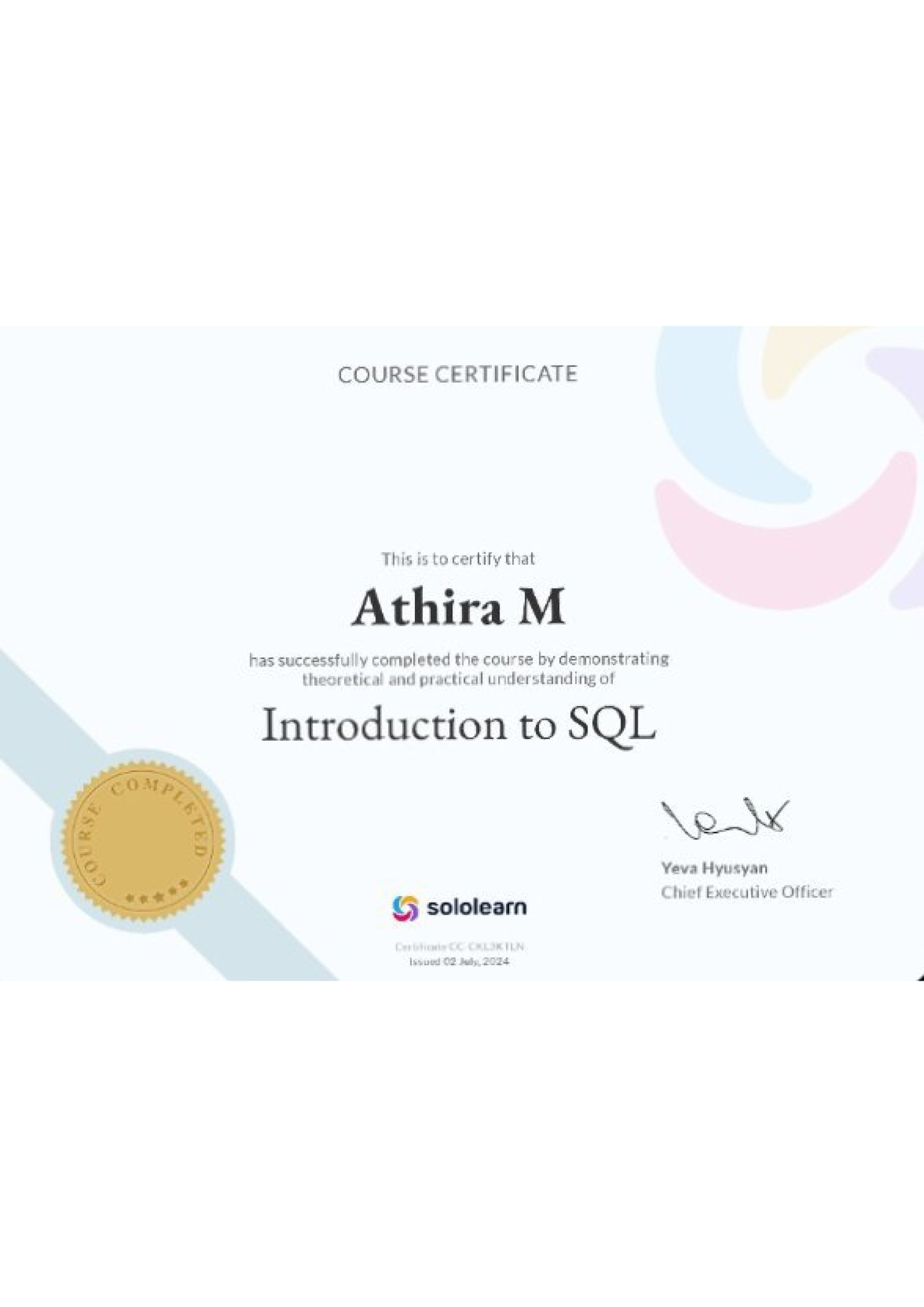 Sql - Lecture notes - Computer science engineering - COURSE CERTIFICATE ...