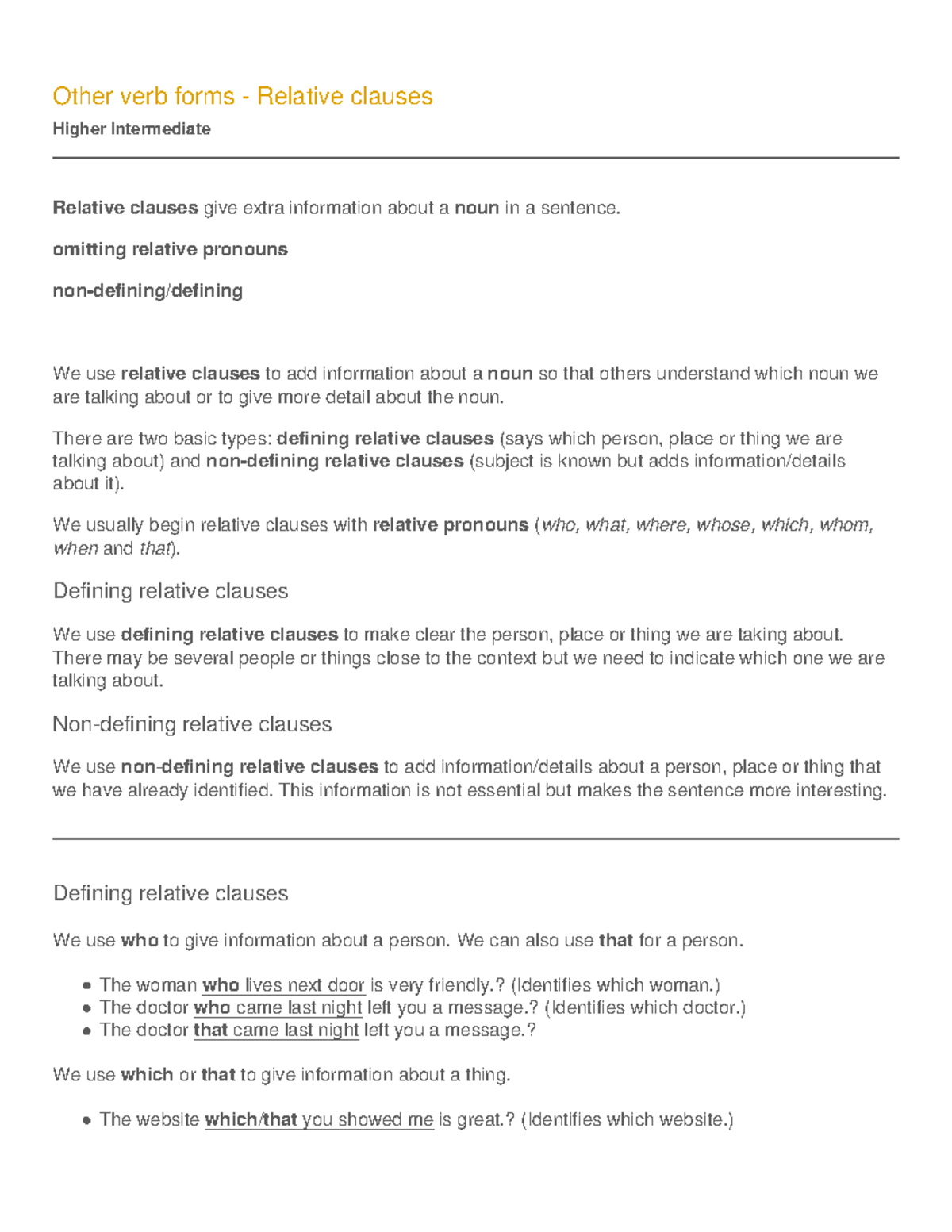 Relative Clauses - Higher Intermediate Notes (Appunti) - Studocu